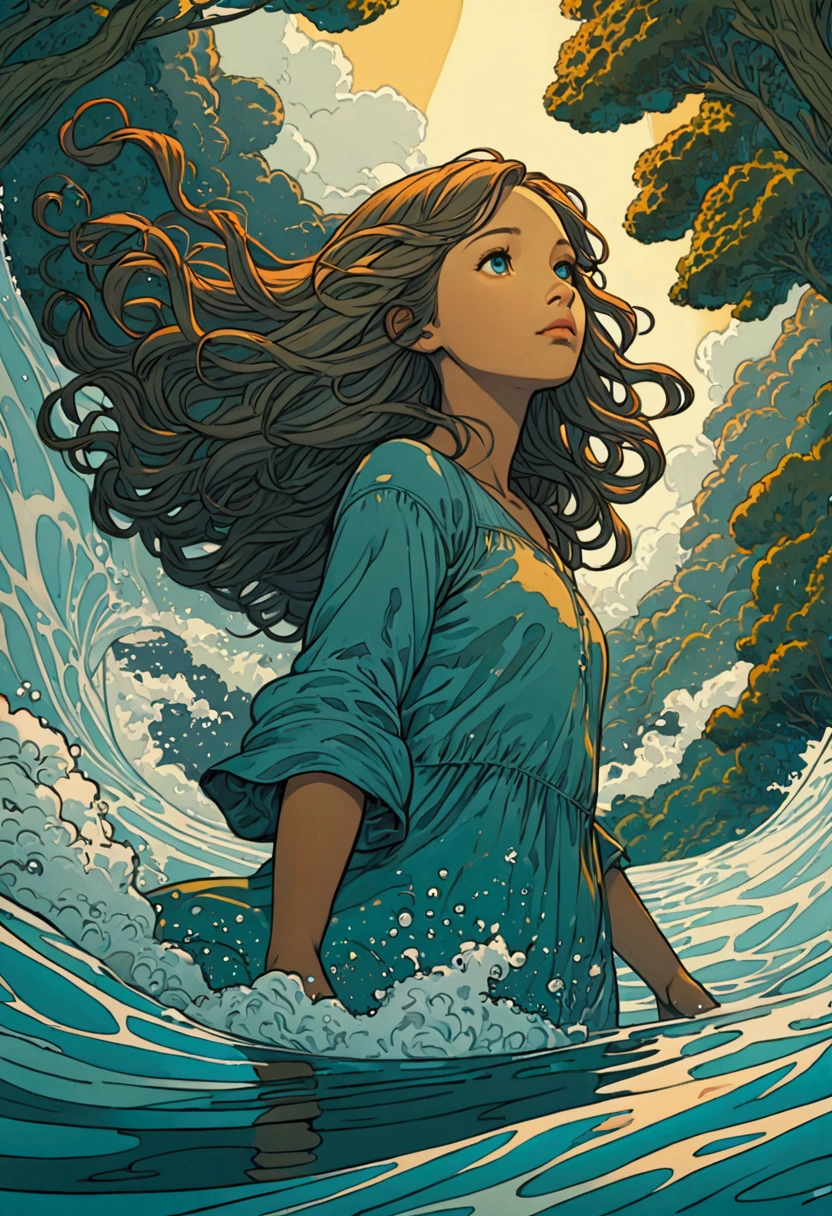 (GeGe:1.5), woman, brunette, brown eyes, freckles, safe_pos, score_9, score_8_up, score_7_up, 1girl, solo, woman in a blue robe is walking into the sea, elegant, closeup fantasy with water magic,((waves)), beautiful maiden, wearing a robe made of water, cleavage, realistic oil painting, dripping wet, in water up to her shoulders, woman soaked by waves, beautiful realistic painting, nymph in the water, hyperrealist portrait in ocean, hyperrealistic fantasy photo, splashing, realistic fantasy painting, cute shot, narrow depth of field, portrait, sunset, 8k, drenched, ((soaked)), dripping water, dripping oil, heavy clothes, soaked in oil, wet all over, short dark hair, wet dripping hair, pov shot, portrait, posing, twilight, red sun, sun glare, ((looking at viewer))