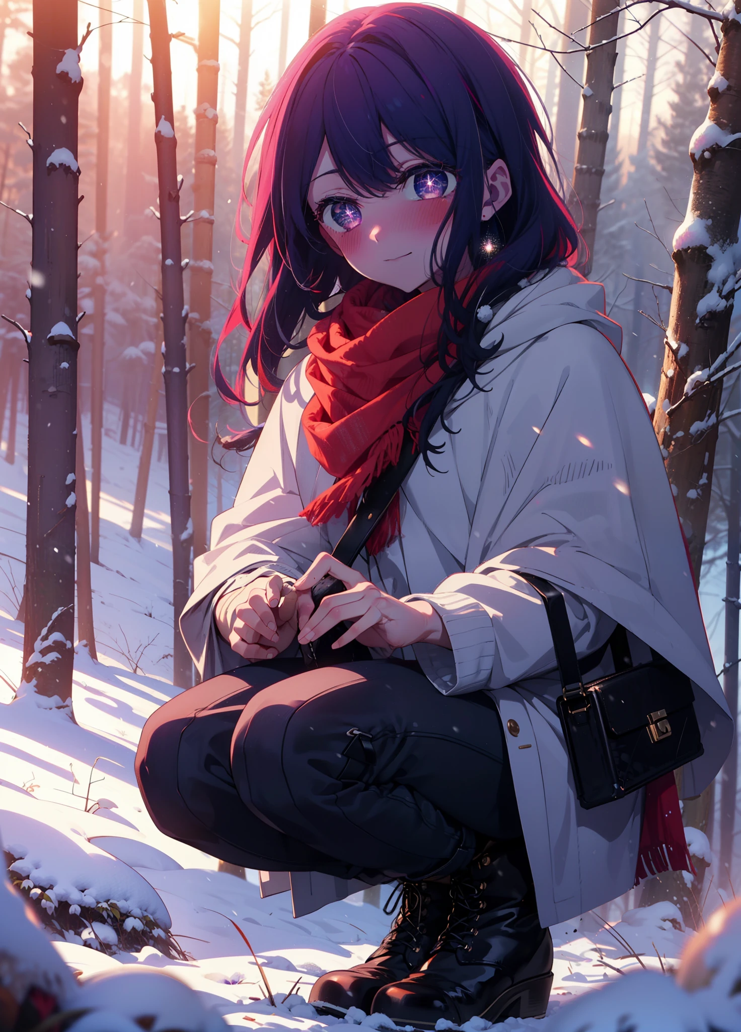 aihoshino, Ai Hoshino, Long Hair, bangs, (Purple eyes:1.1), Purple Hair, (Symbol-shaped pupil:1.5), smile,,smile,blush,white breath,
Open your mouth,snow,Ground bonfire, Outdoor, boots, snowing, From the side, wood, suitcase, Cape, Blurred, , forest, White handbag, nature, Squat, Mouth closed, Cape, winter, Written boundary depth, Black shoes, red Cape break looking at viewer, Upper Body, whole body, break Outdoor, forest, nature, break (masterpiece:1.2), Highest quality, High resolution, unity 8k wallpaper, (shape:0.8), (Beautiful and beautiful eyes:1.6), Highly detailed face, Perfect lighting, Highly detailed CG, (Perfect hands, Perfect Anatomy),