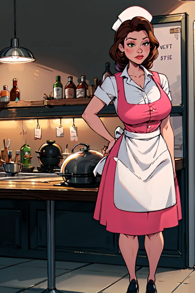 anniehughes, 1 girl, waitress, apron, pink dress, (curves), milf, masterpiece, Best Quality, extreme detail, 8k, image sharpness