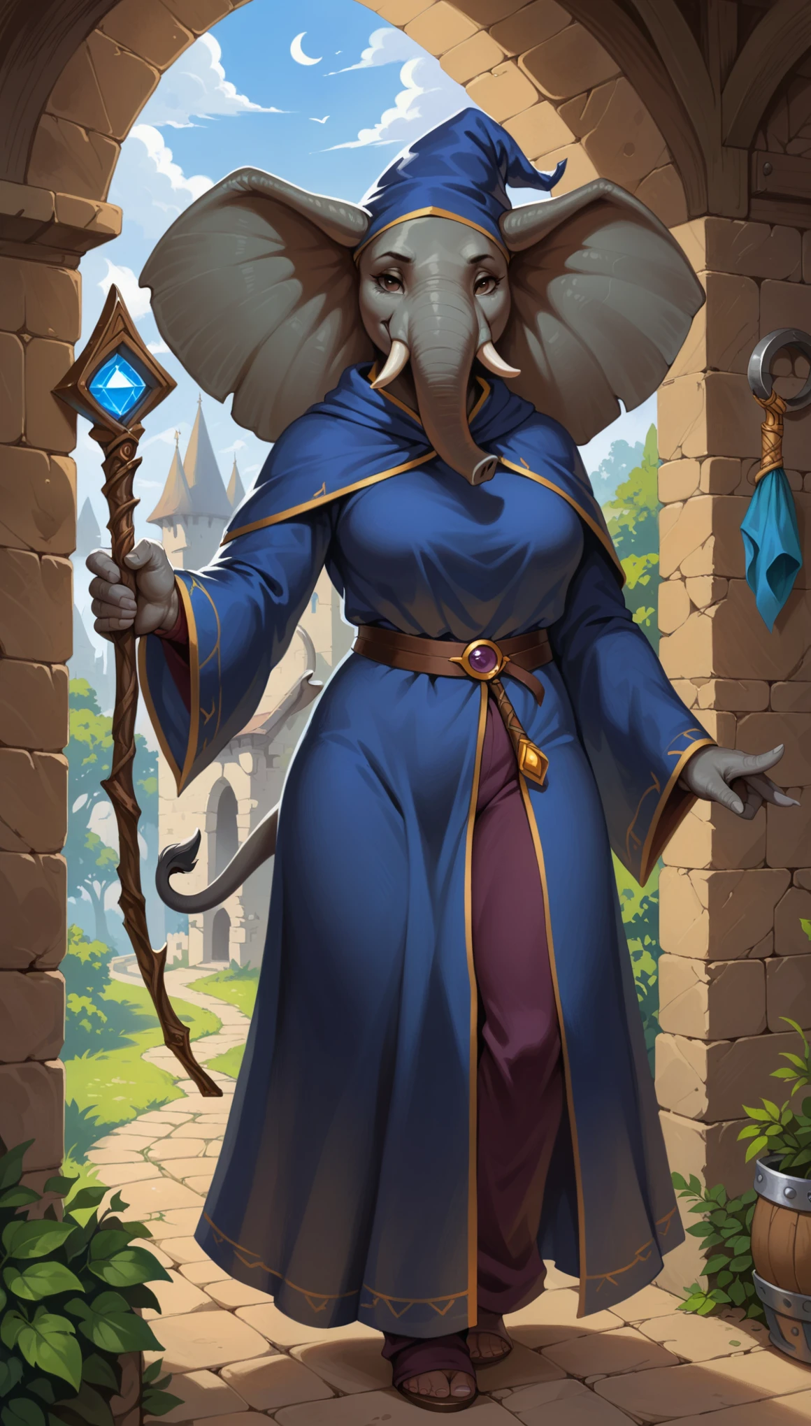 Top quality, masterpiece, high resolution, 1woman, hi res, absurd res, Elephant, Dungeons and Dragons, character, Wizard, male, curvy, calm face, solo, medieval (wizard robe), medieval pants, holding object, Wizard staff, correct hands, detailed hands