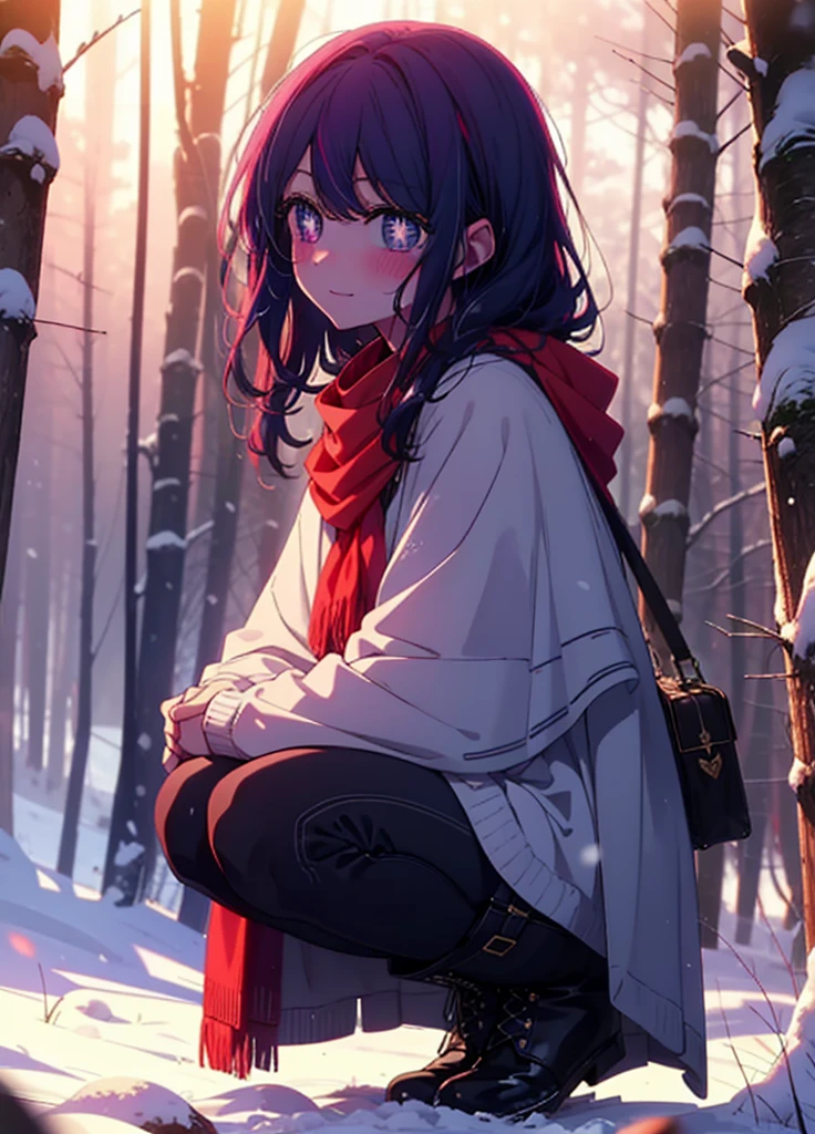 aihoshino, Ai Hoshino, Long Hair, bangs, (Purple eyes:1.1), Purple Hair, (Symbol-shaped pupil:1.5), smile,,smile,blush,white breath,
Open your mouth,snow,Ground bonfire, Outdoor, boots, snowing, From the side, wood, suitcase, Cape, Blurred, , forest, White handbag, nature, Squat, Mouth closed, Cape, winter, Written boundary depth, Black shoes, red Cape break looking at viewer, Upper Body, whole body, break Outdoor, forest, nature, break (masterpiece:1.2), Highest quality, High resolution, unity 8k wallpaper, (shape:0.8), (Beautiful and beautiful eyes:1.6), Highly detailed face, Perfect lighting, Highly detailed CG, (Perfect hands, Perfect Anatomy),