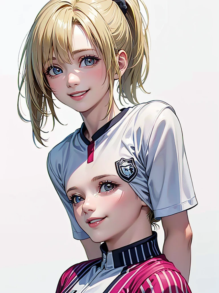 (Highest quality、8k、32K、masterpiece)、(RAW Photos)、(Realisticな)、(High resolution)、Very detailedな、Very beautiful face and eyes、One Girl、Round and small face、Delicate body、(Highest quality、Rich skin detail、Highest quality、8k)、Very detailed、(Realistic、Realistic:1.37)、Vibrant colors、(((Laughter)))、(((blonde)))、(((Side Ponytail)))、(((smile)))、(((Cowboy Shot)))、(((Frame In)))、(((White Background)))、((Medium Hair))、(((Pure white wall background)))、(((blonde)))、(((Wearing a soccer uniform)))、(((Black and pink uniform)))、(((Uniform with vertical stripes)))、(((Pure white wall background)))、