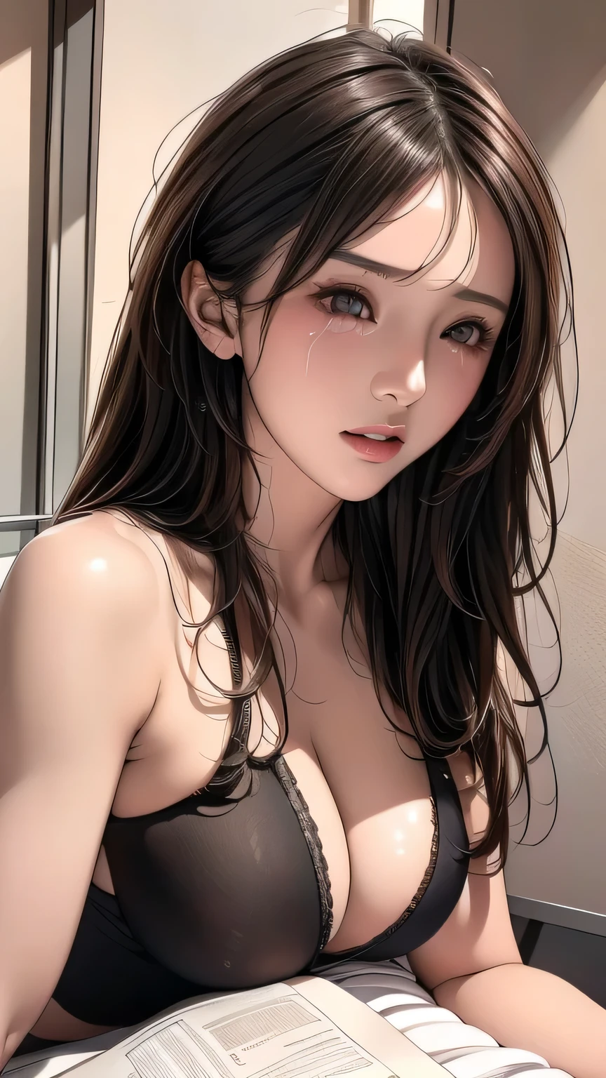 {best quality}, {very aesthetic}, {ultra-detailed}, {best illustration}, nsfw, girl, black long hair, , classroom, man, penis, fellatio, irrumatio, sobbing, tears, open one eye wide, close another eye , catch head, drool
