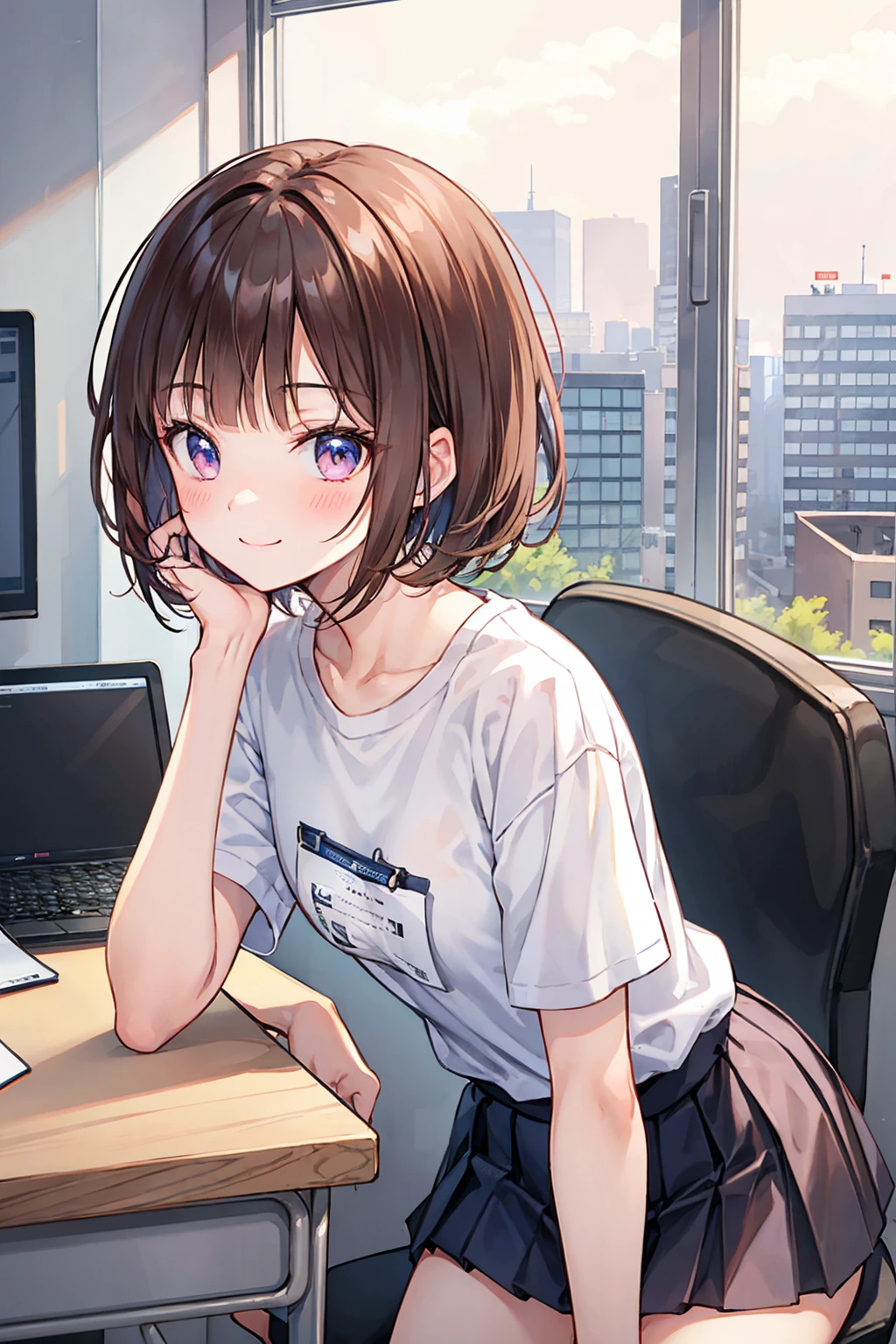 Frame In, Face and body from the front, View from the front, Upper Body, high quality, Very high resolution, high quality, Very high resolution, pretty girl, Brown Hair, amount, Blunt bangs, Bobcut, blush, Raked up bangs, Wearing a plain T-shirt, upright, Pleated skirt, Work Desk, Sit in a work chair, Place your hands on your thighs, smile, Leaning forward, At the office