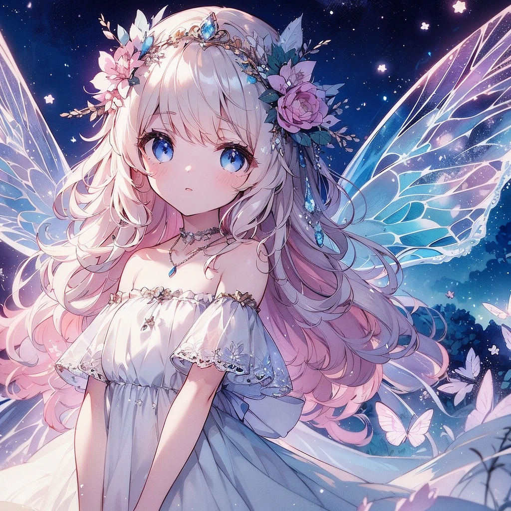 　(Exquisite, beautiful, Very detailed, masterpiece, high quality,High resolution),(Well-formed face,Soft and thin lines,Beautiful and delicate illustrations with a mature and transparent feel, Pixiv-inspired anime illustration,A cute watercolor illustration of a beautiful girl in pastel colours that is going viral among Japanese people on Twitter),Fairy Princess,A fairy princess with a clear, delicate, beautiful well-formed face and fluffy white hair with butterfly-like wings stands alone, reaching her hands up towards the sky in a dark, starry sky filled with beautiful crescent moons and stars.,(A pair of giant fairy wings growing from just above his waist..),Diamond Tiara, earrings and choker,(A silver ball gown dress decorated with silver lace and frills), (Fantasy, Romantic atmosphere), Golden Ratio,Dramatic lighting,pastel colour,Landscape,night,Starry Sky