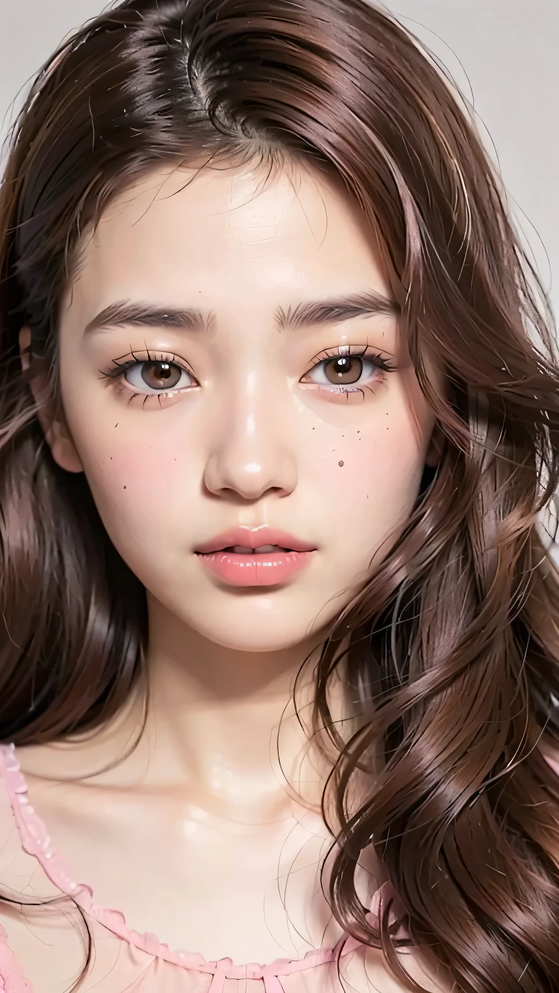 ((brown eyes)), (18 year old age girl), light brown hair color, ((big tits)), lips, realistic, (slim face), ((skinny)), charming, pink lipstick, colorful makeup, long eyelashes, wearing eyeliner, fair skin, (cute), (detailed face), detailed eyes, detailed iris,