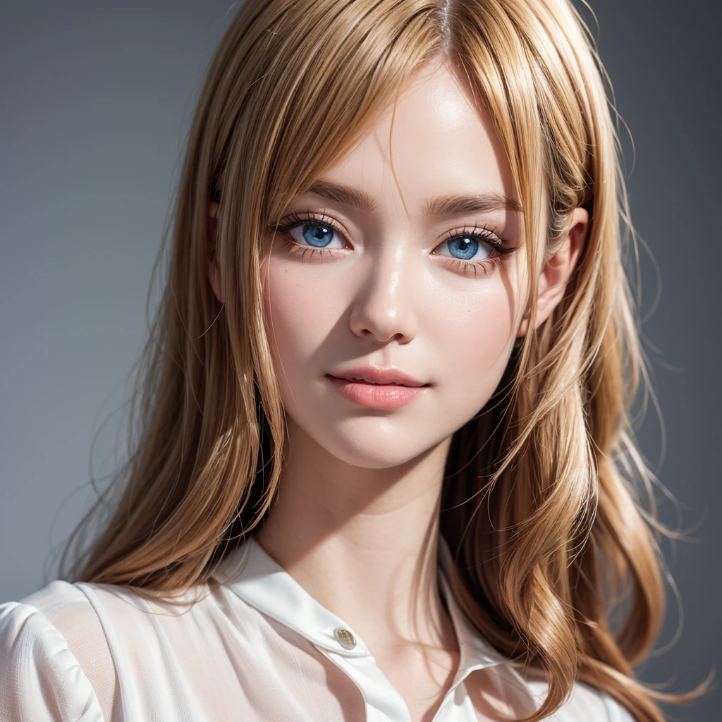 ((masterpiece)), ((Highest quality)), ((Complex)), ((Surreal)), (Realistic), (Mature Woman), Very detailed, (1 female), Beautiful and exquisite((blouse)), (Upper Body), (background:none), Perfect Eyes, Captivating eyes, Long hair looking at the audience, smile, blue eyes, Blonde, Curly Hair, 