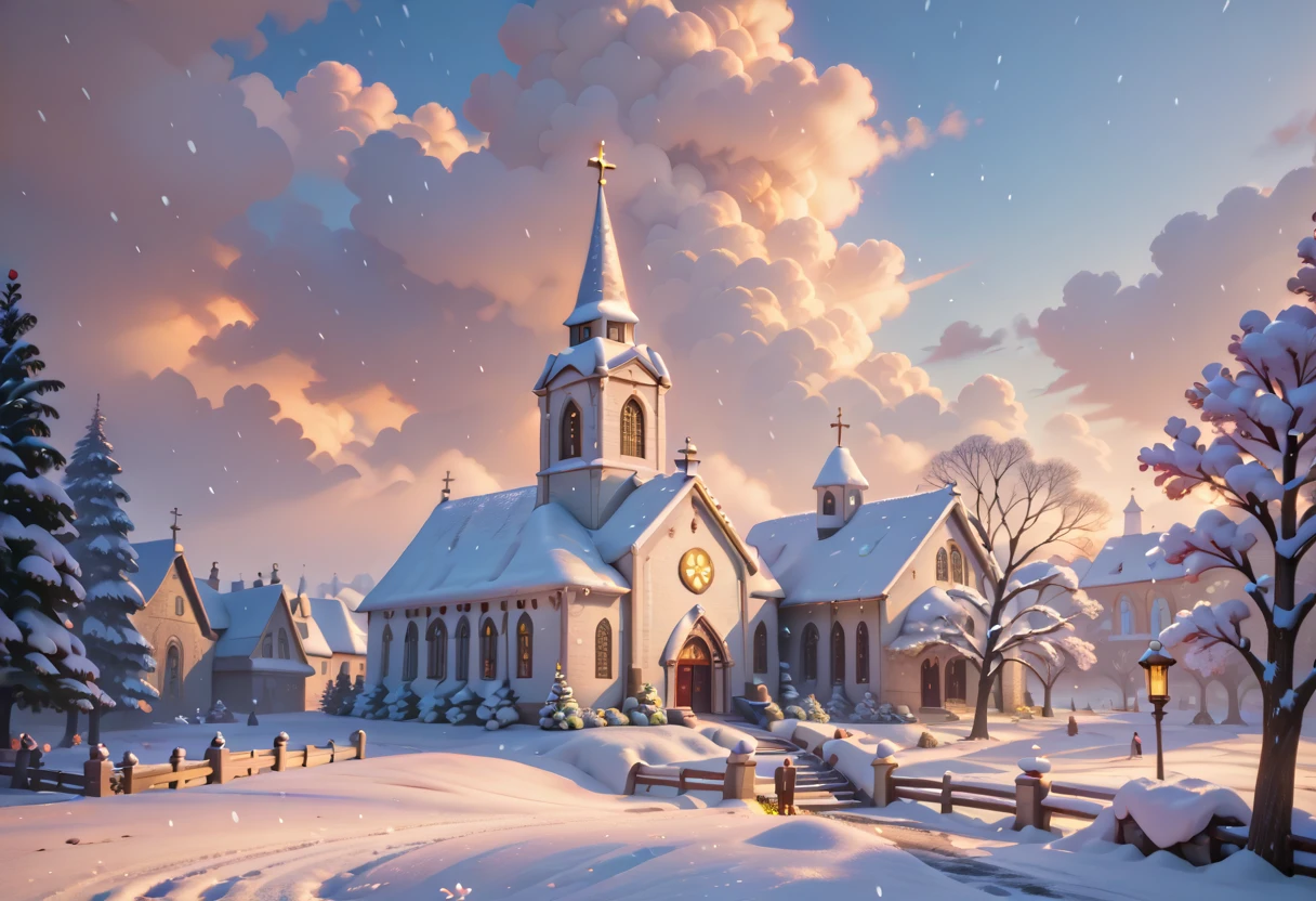 (a white church), snow, snowfall, snowing, prairie, beautifful winter landscape, morning, masterpiece quality, ultra HD, 4K, best quality