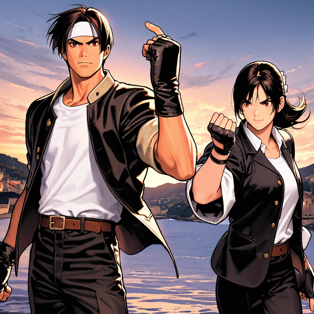 masterpiece, 2 people,ツーshot,Highest quality,8k, complete hand depiction, Action pose, Battle Scenes:1.5,(kyo kusanagi)、Man has black skin、Red eyes、2 peopleきり、((White headband))ツーshot、Black jacket(Roll up your sleeves)、Fingerless gloves、Black Hair、White T-shirt、Black trousers、White shoes、Brown belt、((Fight a woman with the same clothes and hairstyle as Kyo Kusanagi))boyish、good looking、shot、Charming、masterpiece、High resolution、Detailed face、Fine grain、morning、A confident smile、France、A man and a woman fighting in a Petit Venise pontoon boat with the river in the background、Men and women have the same hairstyle and clothing、 Angry expression,:1.5 Attack Speed, Rapid Attack, Angry expression, Angry face