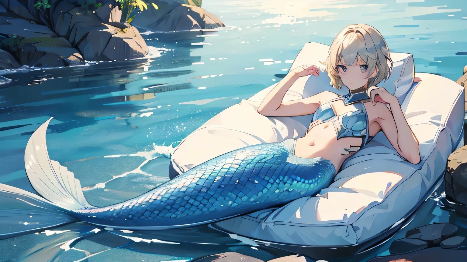 Boys, Short hairstyle, blond, silver eyes, Mermaid, high quality,Fine,8K quality