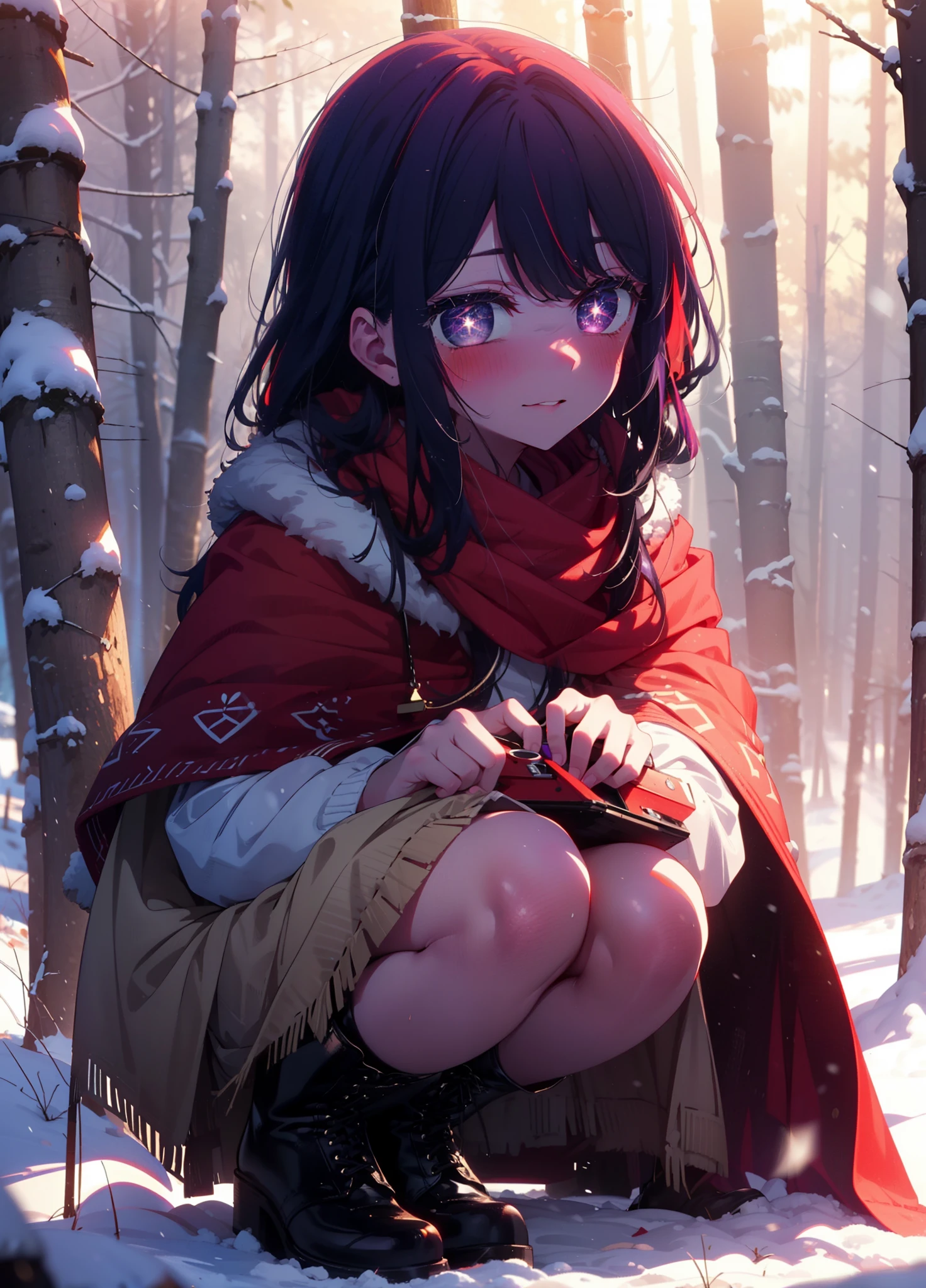 aihoshino, Ai Hoshino, Long Hair, bangs, (Purple eyes:1.1), Purple Hair, (Symbol-shaped pupil:1.5), smile,,smile,blush,white breath,
Open your mouth,snow,Ground bonfire, Outdoor, boots, snowing, From the side, wood, suitcase, Cape, Blurred, , forest, White handbag, nature, Squat, Mouth closed, Cape, winter, Written boundary depth, Black shoes, red Cape break looking at viewer, Upper Body, whole body, break Outdoor, forest, nature, break (masterpiece:1.2), Highest quality, High resolution, unity 8k wallpaper, (shape:0.8), (Beautiful and beautiful eyes:1.6), Highly detailed face, Perfect lighting, Highly detailed CG, (Perfect hands, Perfect Anatomy),