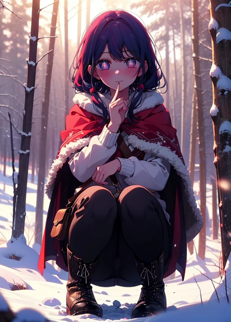 aihoshino, Ai Hoshino, Long Hair, bangs, (Purple eyes:1.1), Purple Hair, (Symbol-shaped pupil:1.5), smile,,smile,blush,white breath,
Open your mouth,snow,Ground bonfire, Outdoor, boots, snowing, From the side, wood, suitcase, Cape, Blurred, , forest, White handbag, nature, Squat, Mouth closed, Cape, winter, Written boundary depth, Black shoes, red Cape break looking at viewer, Upper Body, whole body, break Outdoor, forest, nature, break (masterpiece:1.2), Highest quality, High resolution, unity 8k wallpaper, (shape:0.8), (Beautiful and beautiful eyes:1.6), Highly detailed face, Perfect lighting, Highly detailed CG, (Perfect hands, Perfect Anatomy),