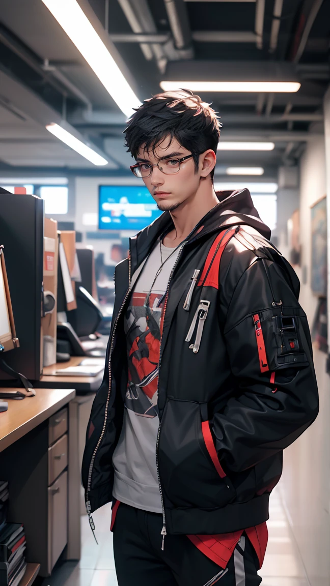 (((work of art))), Male character holding front view, HD 4k resolution image, non-blur, Clothing with cyber punk features, open air, serious look, social clothing, brasileiros, computer nerd