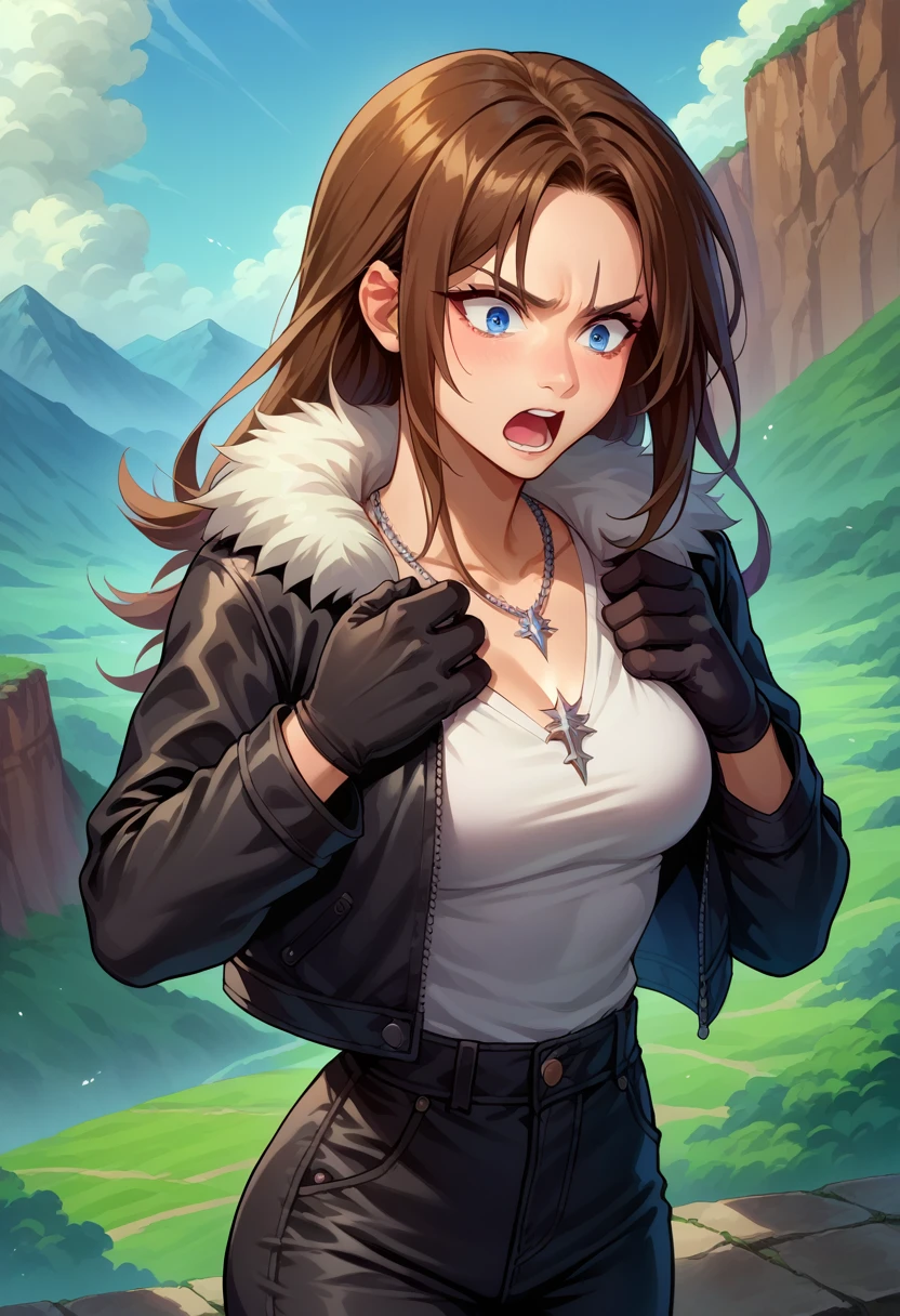 score_9, score_8_up, score_7_up, 1boy, solo, squall, medium breasts, slender body, necklace, brown hair, long hair, gloves, white shirt, blue eyes, shirt, black gloves, jacket, black jacket, fur trim jacket, black pants, scar, scar on face, hands on own chest, parted bangs, thin waist, shocked face, angry, screaming, stiff hands, standing, looking down, landscape,
