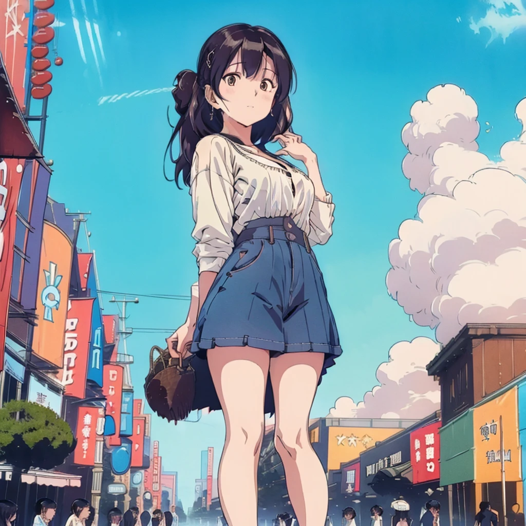 masterpiece Unreal Engine Anime Style Delicate painting 4K 90's giant crowd amusement park ((amusement parkに立っている巨大な黒髪の水着の女の子)) clown stuffed toy roller coaster Merry-go-round crowd Big Breasts sneakers Bikini Swimwear paola Straw hat smile blue sky cumulonimbus Contrail female giant giant girl Whole body Destroyed skyscrapers Destroyed cars Crowd Unreal Engine,cleavage ,a drawing of a , earrings, long hair, 1980s (style) Cute picture Beauty Analog style whole body sneakers