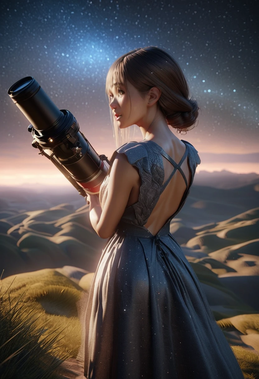 a  on a hilltop at night,looking up at the stars,one star glowing extra bright,beautiful detailed body,wearing a cute dress,telescope in hands,moonlit night,glowing stars in the sky,rolling hills in the background,warm lighting,vibrant colors,detailed 3d rendering,photorealistic,masterpiece,(best quality,8k,highres,detailed,cinematic lighting:1.2), backshot, girl showing her back to the viewer.