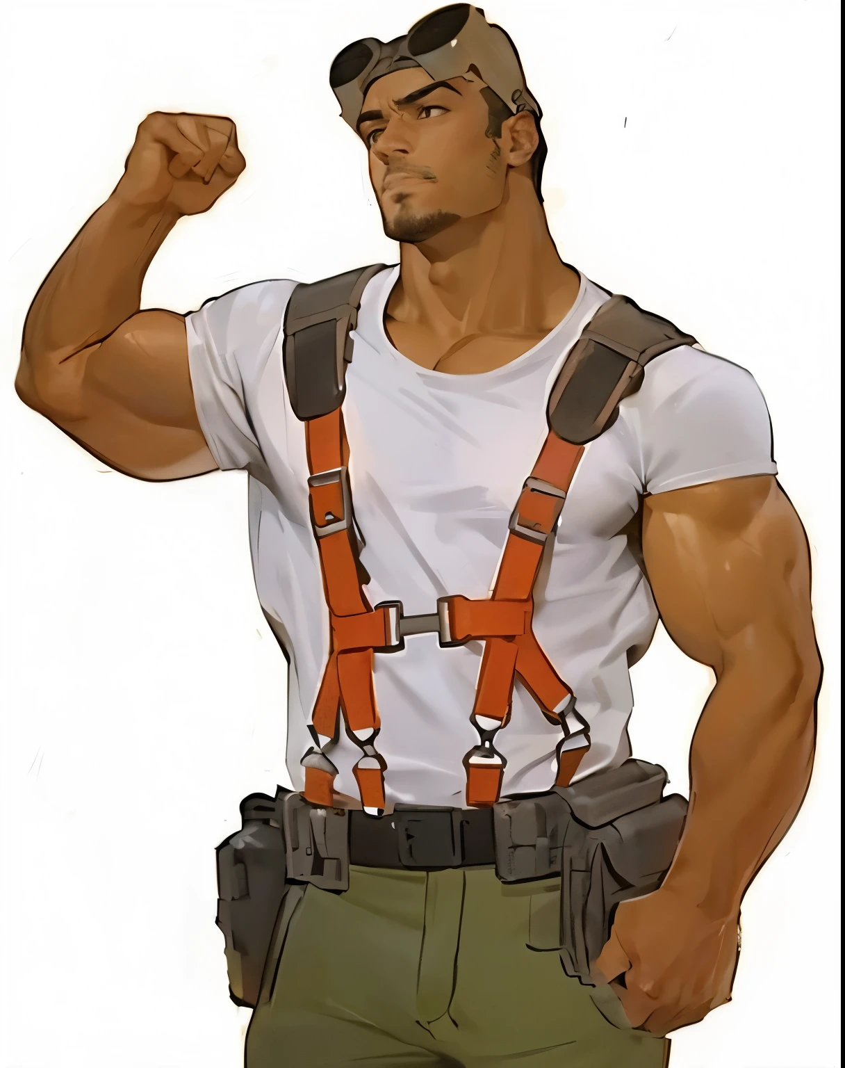 Masterpiece, Best Quality, Ultra-Detailed, 1man, mature man, 28 years old, rugged, strong, jock, hunk, bara, large shoulders, muscular, tanned skin, brown skin, black skin, black hair, buzz cut, buzz cut hairstyle, black eyes, detailed eyes, very beautiful eyes, black goatee, goatee, thick eyebrowns, steampunk googles on head, white shirt, orange suspenders, officer suspender, black gloves, brown pants, white shoes, white all-star shoes, full body shot, white background,