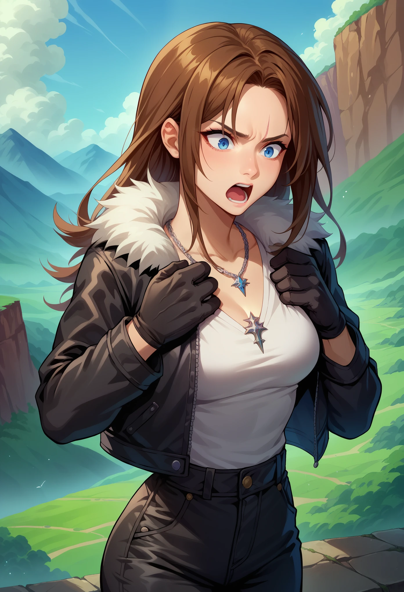 score_9, score_8_up, score_7_up, 1boy, solo, squall, medium breasts, slender body, necklace, brown hair, long hair, gloves, white shirt, blue eyes, shirt, black gloves, jacket, black jacket, fur trim jacket, black pants, scar, scar on face, hands on own chest, parted bangs, thin waist, shocked face, angry, screaming, stiff hands, standing, looking down, landscape,
