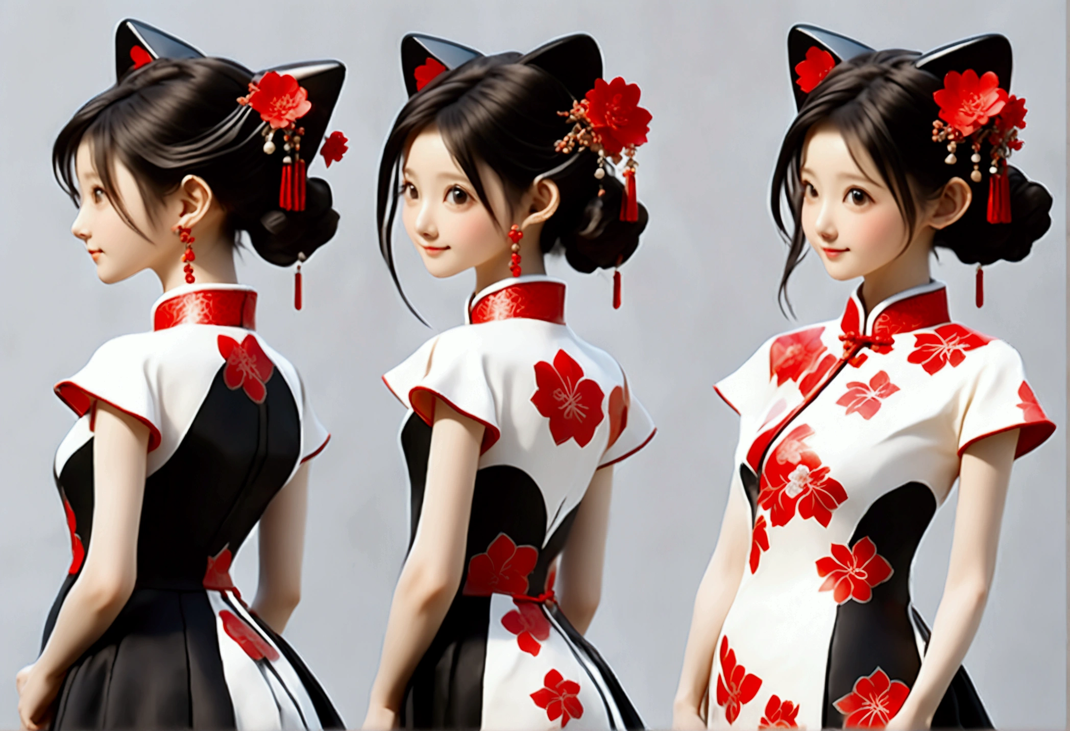 (((Showing the front view of the same 3D character IP figurine design、Side View、Rear view:1.5)))，Young fashionable girl，Wearing a fashionable ink-dyed cheongsam，Ink black and white mixed color Atles silk cheongsam，Uyghur totem cheongsam，Red bougainvillea pattern，Cheongsam style combining ethnicity and fashion，Chinese retro pattern，Cute floral pattern，airplane sleeves，Wide sleeves，Balloon sleeves，Pipa sleeves，Create 3D national trend characters，Delicate bougainvillea pattern，Multi-ethnic cultural integration，Three-dimensional Chinese style，Chinese style 3D character IP figure design，Perfectly proportioned oval face，Film-level ultra-high quality texture，Global Illumination，（Full body styling），((The same 3D character IP figure design with the same clothing and accessories from multiple perspectives，Front view of the same 3D character IP figurine design，同一个3D人物IP手办设计的Side View，同一个3D人物IP手办设计的Rear view))，
