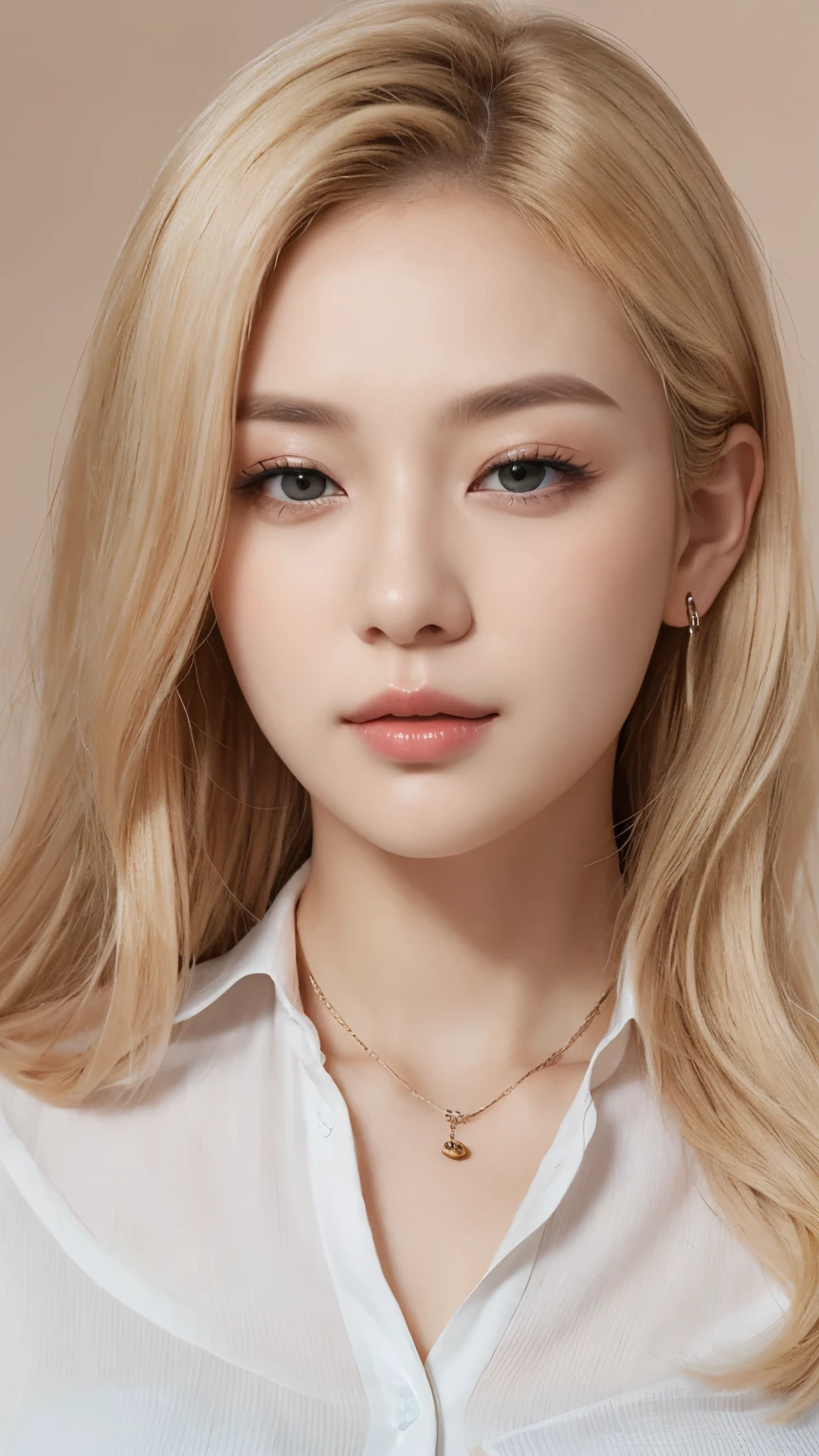 1 A 29-year-old blonde woman with long hair poses for a photo., beautiful blonde woman, beautiful 금발의 여자, (she couldn't'Don't get more tired, I feel sleepy and satisfied..:1.3), beautiful, Well looked after blonde, 8k soft portrait, gentle blonde woman, (slim figure top model), breast enlargement, (blonde swedish girl), (Blonde eyebrows), long shiny blonde hair, (Amber Eyes Briantes:1.2), (The eyes are droopy and the pupils are dilated.:1.0), (plump, plump lips), (photo above chest), (people left and right center, I can see my whole head:1.3), (Pastel colored button collar blouse:1.3), (A very simple necklace and very simple earrings), perfect makeup