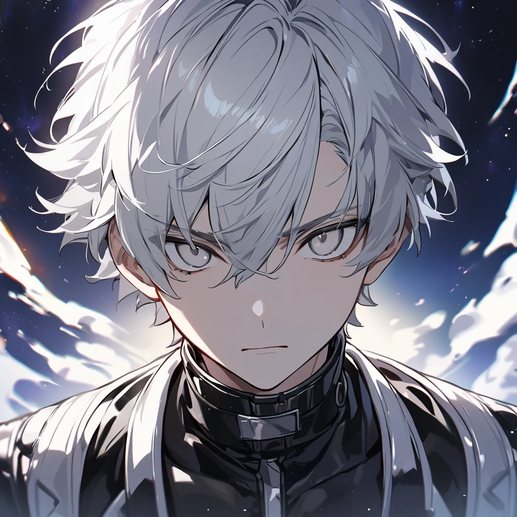 High quality, HD, 4k, no shadows, handsome male, 1male, 17 years old, teenager, short white hair, silver hair, white hair, sharp eyes, grey colored eyes, deep grey eyes, grey eyes, devil may cry, close up, calm expression, stoic expression, black leather clothes, white leather clothing, lean body, well trained body, upper body, looking at viewer, cowboy shot, white solar, space background