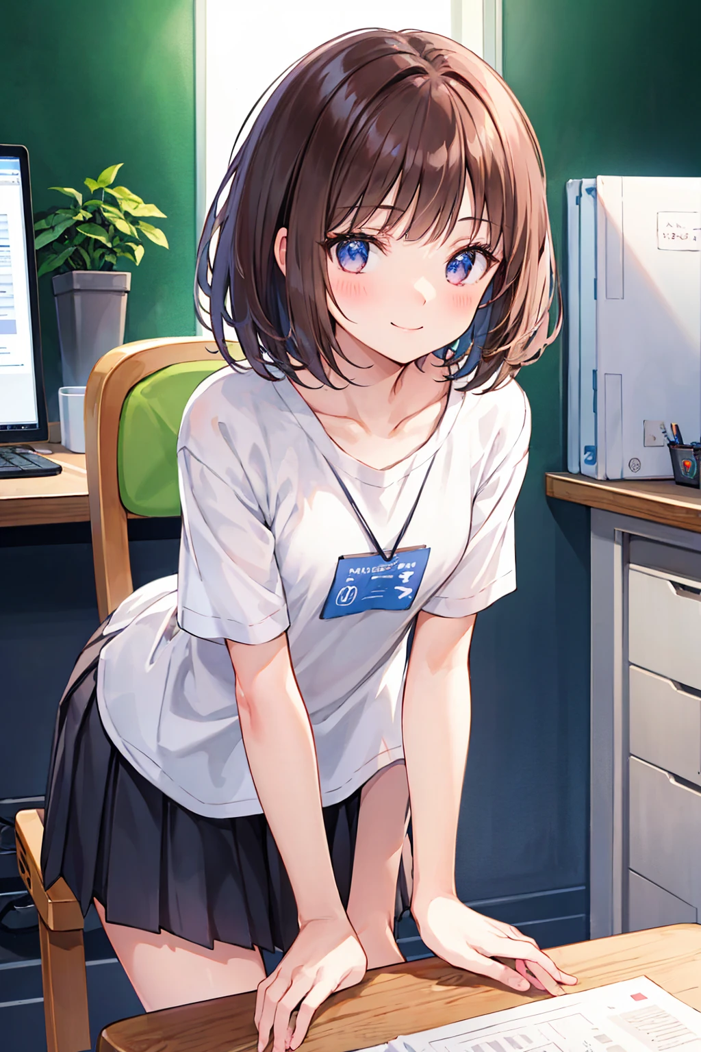 Frame In, Face and body from the front, View from the front, Upper Body, high quality, Very high resolution, high quality, Very high resolution, pretty girl, Brown Hair, amount, Blunt bangs, Bobcut, blush, Raked up bangs, Wearing a plain white T-shirt, upright, Pleated skirt, Work Desk, Sit in a work chair, Place your hands on your thighs, smile, Leaning forward, At the office，Small breasts，Flat chest