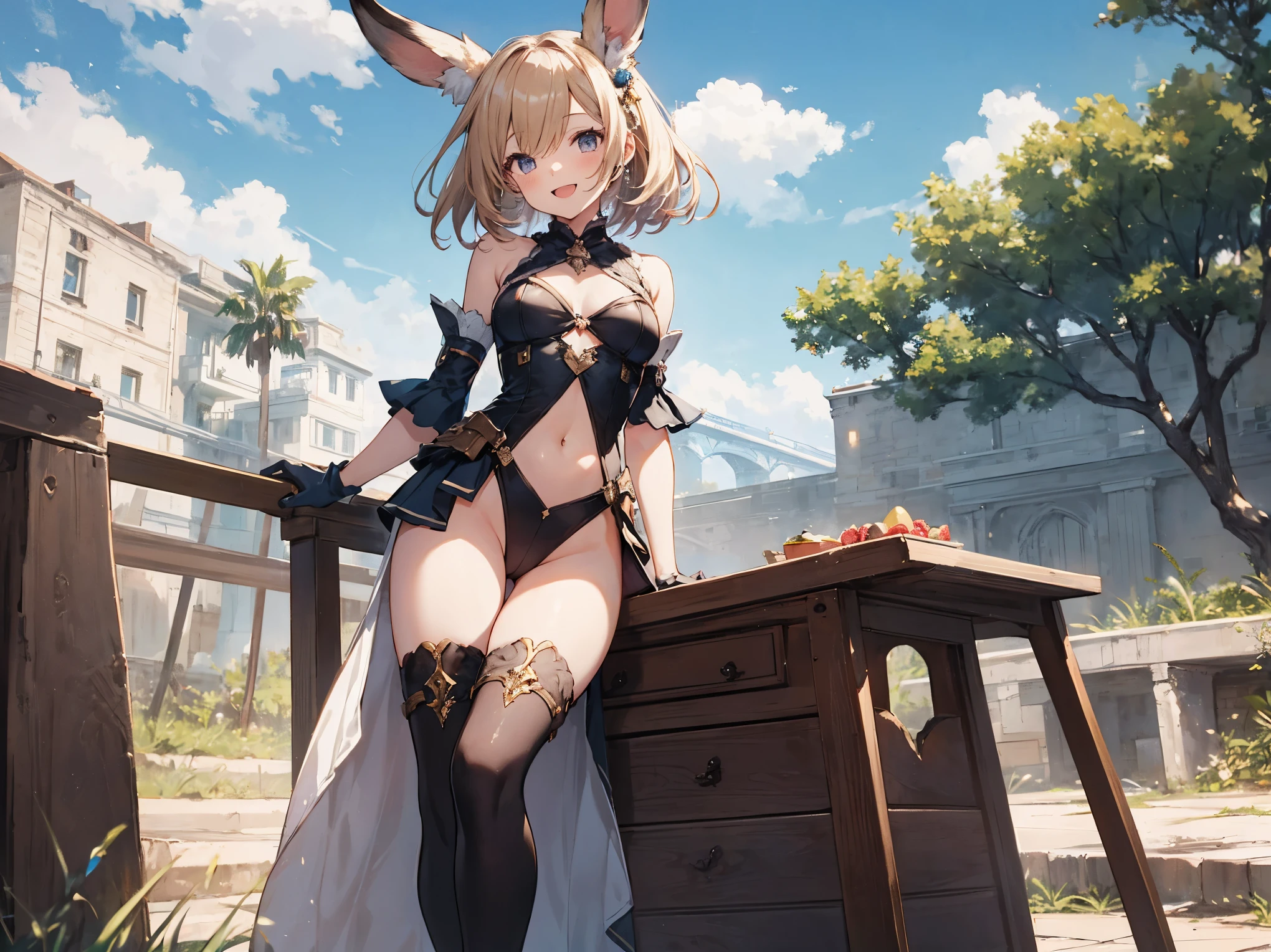 GRANBLUEfantasy,1ung_tegirl,brown_hair,medium_bob_hair,platina_blond_hair,white_leotard,covered_crotch,thigh-highs,smile,standing,bluesky_landscape_background,slightly_spread_legs,happiness, short_gloves ,solo, r18, navel,relicbuster,short,boots,open_mouth,sitting,knees,bunny_ears