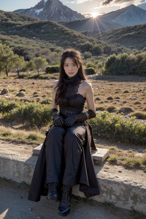 at sunset,spectacular cloud formations,1 Girl, 1 boy, (best quality, Beruca, Gloves), armor, lace scarf, 黑Gloves, Pants, boots, bandana on head, sit, Trees, Mountain, Beautiful scenery in the background, Soft sunset, Subtle reflections on the ground.