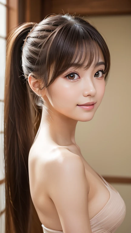 blush,21 years old,Small breasts,Climbing Wall,Long hair ponytail,indoor,topless,Face close-up,((8k, RAW Photos, Highest quality, The pieces fly:1.2), (reality, Realistic:1.4), (非常に詳細な8k壁紙), Written boundary depth, Cinema Lighting, Soft Light, Detailed beauty eyes,Shiny and smooth light brown ponytail, Asymmetrical bangs, Glowing Skin, Highly detailed skin ,High resolution, Attention to detail, Detailed hairstyle, Detailed beauty face, Hyper Real, Perfect limbs, Perfect Anatomy ,1 Japanese girl,Famous Japanese Idols, Perfect female body,A shy smile,short eyelashes,double eyelid,Look straight here,Hairstyle: Ponytail、