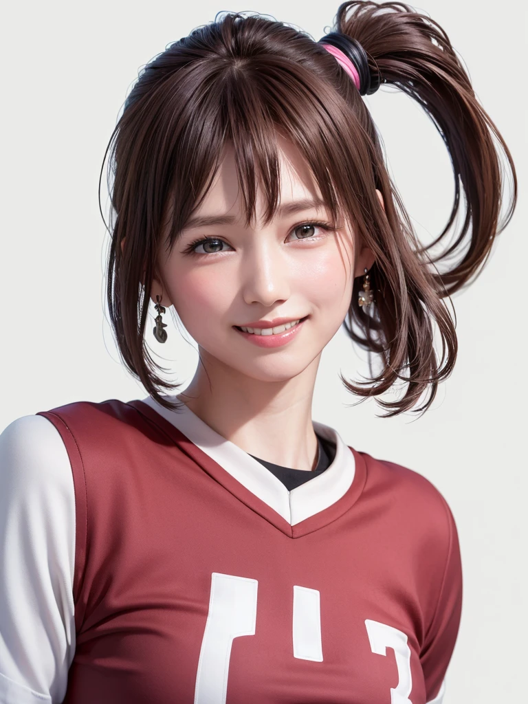 (Highest quality、8k、32K、masterpiece)、(RAW Photos)、(Realisticな)、(High resolution)、Very detailedな、Very beautiful face and eyes、One Girl、Round and small face、Delicate body、(Highest quality、Rich skin detail、Highest quality、8k)、Very detailed、(Realistic、Realistic:1.37)、Vibrant colors、(((Laughter)))、(((blonde)))、(((Side Ponytail)))、(((smile)))、(((Cowboy Shot)))、(((Frame In)))、(((White Background)))、((Medium Hair))、(((Pure white wall background)))、(((blonde)))、(((Wearing a football uniform)))、(((Black and pink uniform)))、(((Uniform with vertical stripes)))、(((Pure white wall background)))、