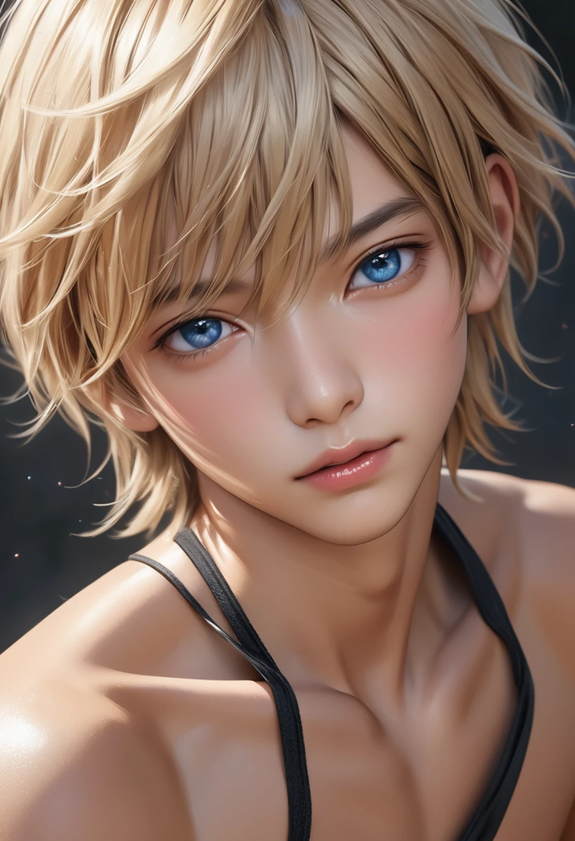 high quality, detailed, photo Realistic, (20 years old tanned japanese idol boy), (detailed blue eyes), (blond short hair),(tanned shiny skin:1.3), black tiny thong, bulge,(detailed nipples), (best quality,4k,8k,highres,masterpiece:1.2), (face close up:0.8),(realistic,photorealistic,photo-realistic:1.37), front shot,
