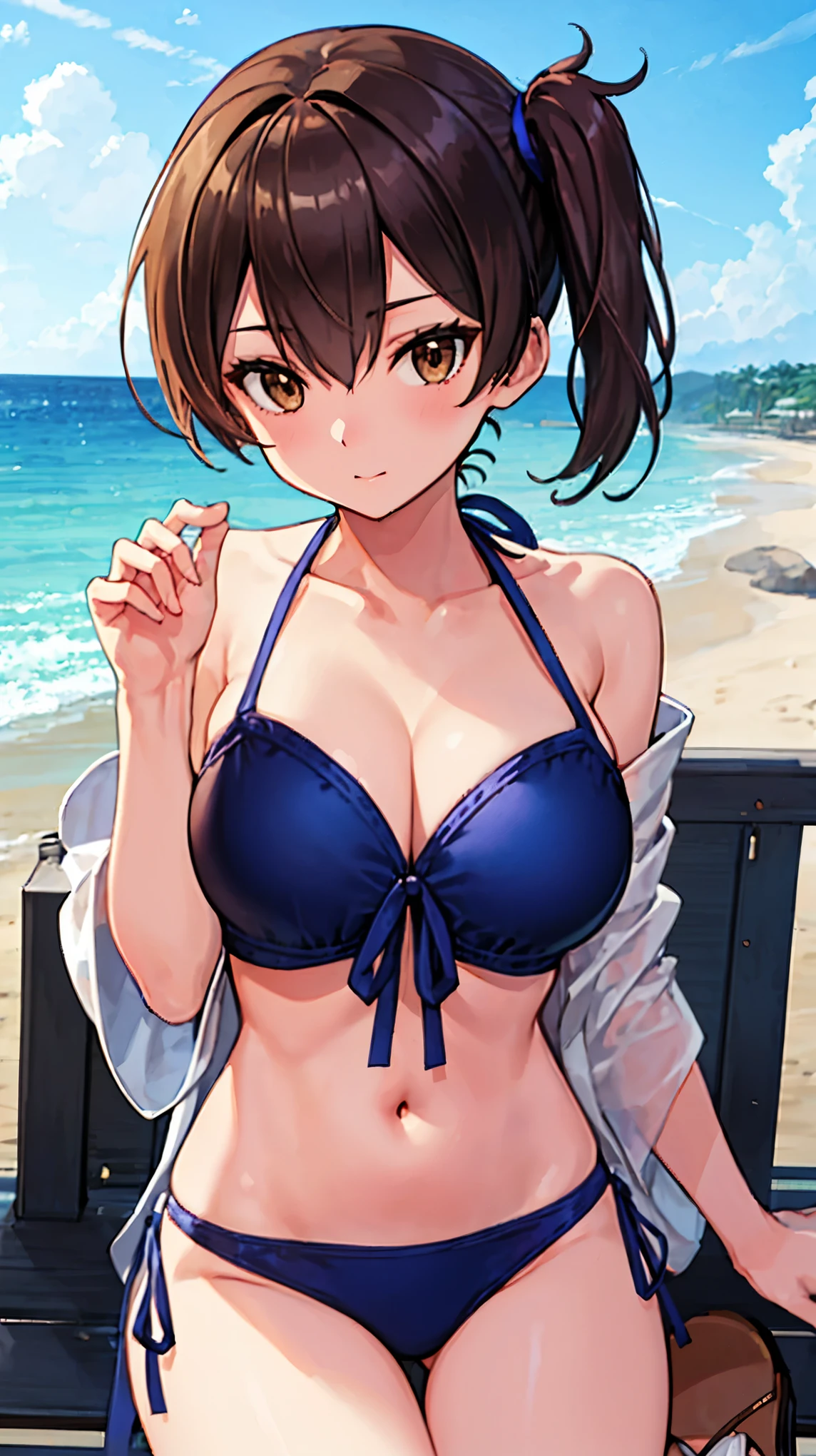 Beautiful illustration、top-quality、Kaga_kantaicollection
brown_hair, Side_Ponytail, brown_Eyes, Short_hair, (big_breasts:1.5) long_hair、Blue Bikini、 coast_landscape,(abs:0.5),navel,solo,(light_smile:0.6),(solo:1.5)。sandals,