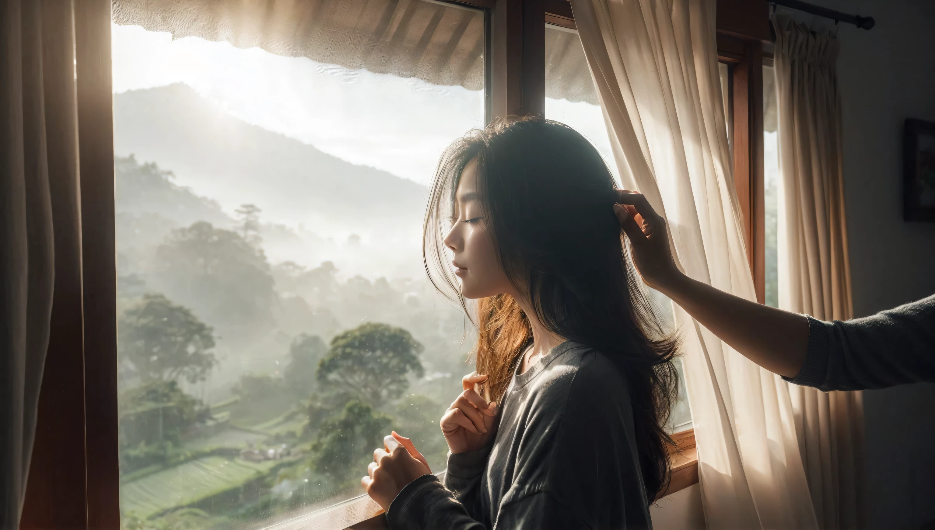 A side-shot photograph capturing a serene morning scene with soft, diffused sunlight streaming through a large, misty window. A young indonesia woman leans out of the window, her eyes closed as she takes in the fresh air and the peaceful view of lush green hills and trees outside. Someone gently adjusts her hair from behind, adding a touch of tenderness to the moment.