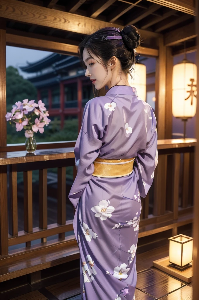 (((best quality))),(((ultra detailed))),(((masterpiece))),illustration,((1 beautiful Japannese girl,solo)),(neat bun:1.2),((slim,thin)),((small breasts,flat chest)),(in izakaya:1.3),(summer:1.2),(rainy:1.3),(indoor:1.2),(night scene:1.3),(wet:1.3),(collar:1.2),(purple floral yukata:1.3),(hakama:1.2),porcelain skin,(slender legs:1.2),(loafers:1.2),rouge,dimly lit,warm glow,ethereal,(standing:1.3),(arms behind back:1.5),sake bottle,half-empty glass,tray,grilled fish,steamed vegetables,half-eaten,melancholic smile,storm,solitude,enigmatic aura,tranquility,chaos,simplicity,mysterious,captivating,((from front,full body))
