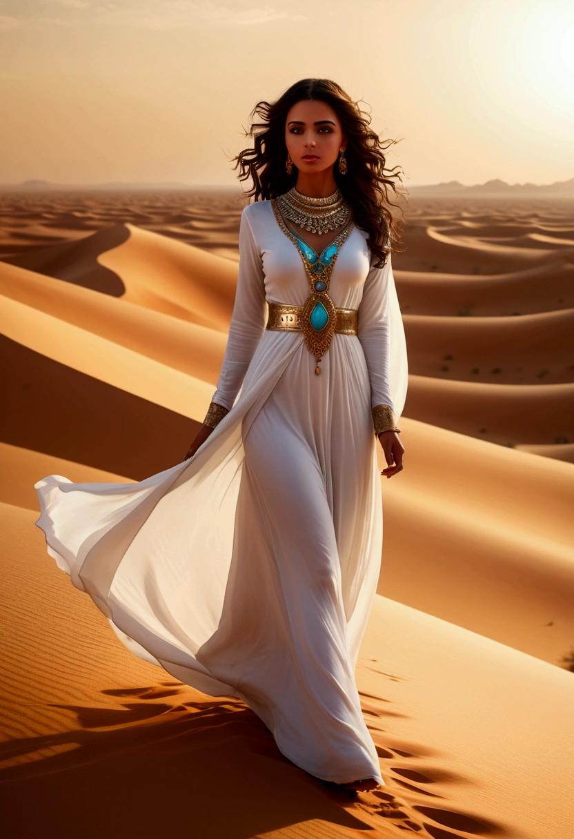Desert princess, white dress, Arabic, full body, cinematographic photo, cinemascope, best quality, masterpiece, very aesthetic, perfect composition, intricate details, ultra-detailed, vivid colors