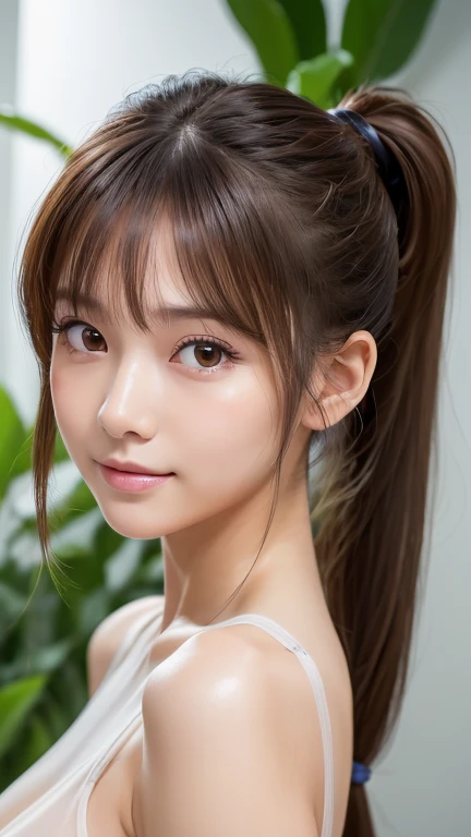 blush,21 years old,Small breasts,Climbing Wall,Long hair ponytail,indoor,topless,Face close-up,((8k, RAW Photos, Highest quality, The pieces fly:1.2), (reality, Realistic:1.4), (非常に詳細な8k壁紙), Written boundary depth, Cinema Lighting, Soft Light, Detailed beauty eyes,Shiny and smooth light brown ponytail, Asymmetrical bangs, Glowing Skin, Highly detailed skin ,High resolution, Attention to detail, Detailed hairstyle, Detailed beauty face, Hyper Real, Perfect limbs, Perfect Anatomy ,1 Japanese girl,Famous Japanese Idols, Perfect female body,A shy smile,short eyelashes,double eyelid,Look straight here,Hairstyle: Ponytail、erect nipples