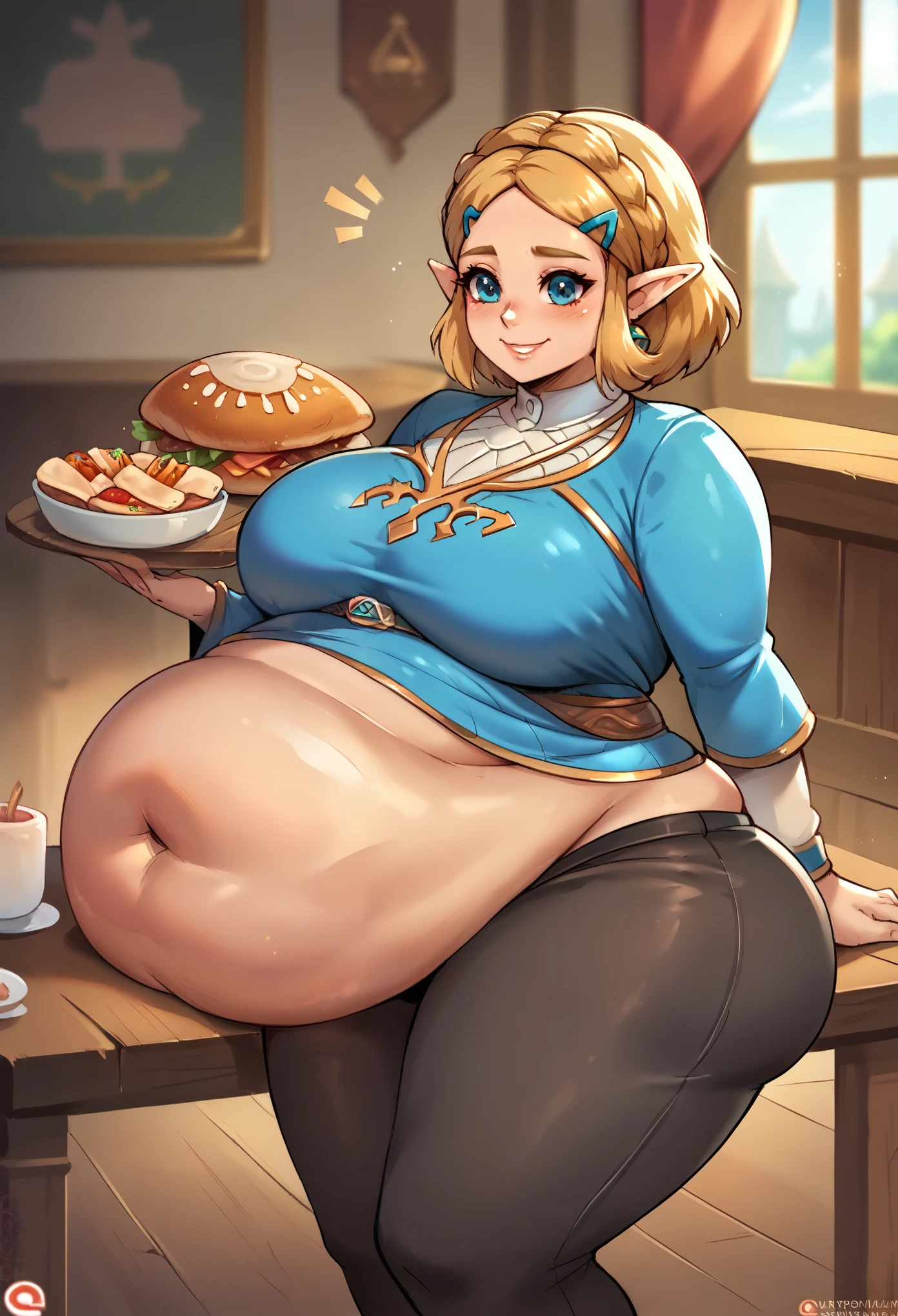 Masterpiece, best quality, high resolution,1girl,blond hair,pricess zelda, nintendo, the legend of zelda, botw,black pants, smile,sexy smile,sexy pose, castle, wooden table,food, turkey,huge breasts,huge hips,huge belly, stuffed Belly, round belly,