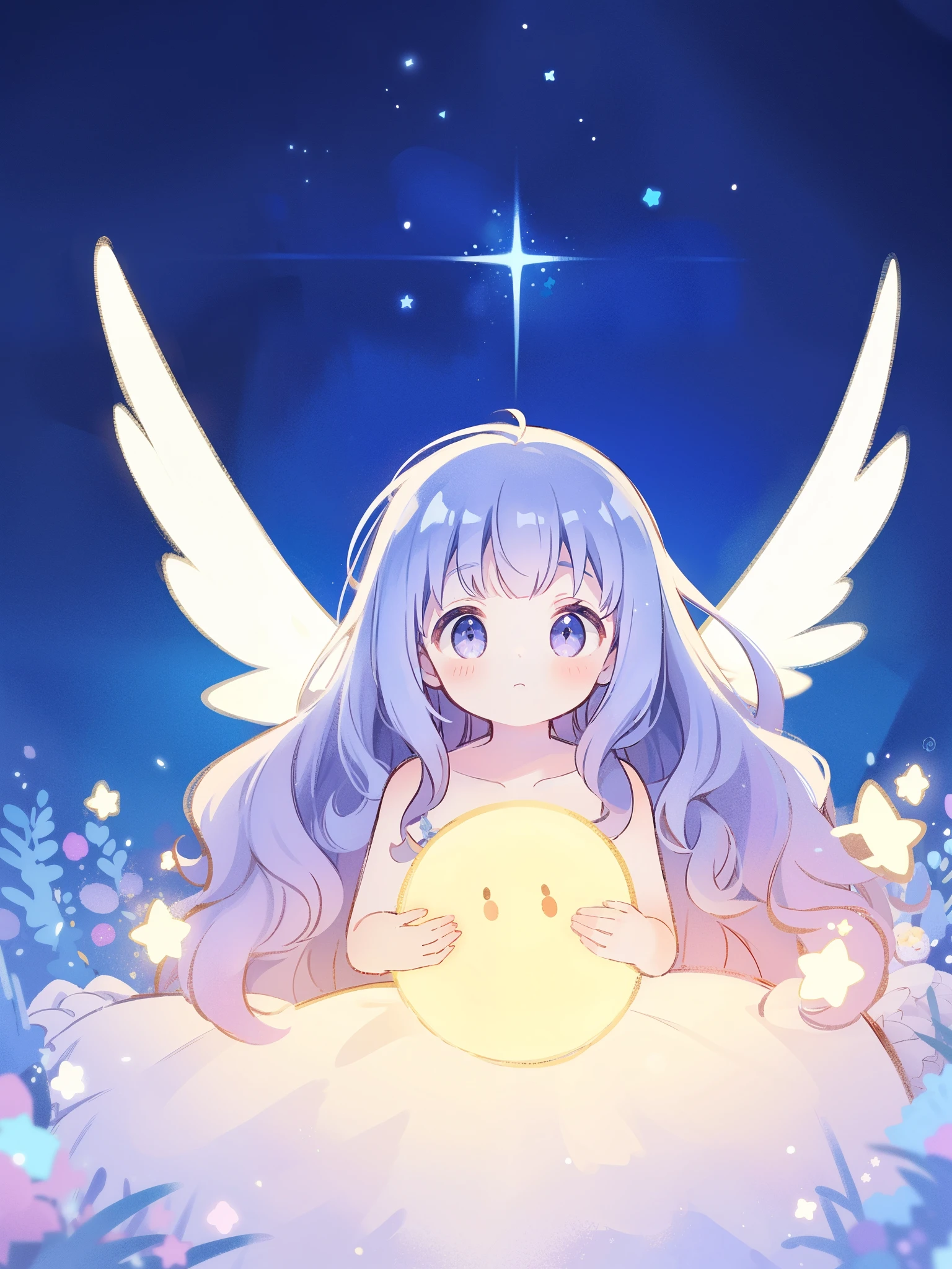 angel girl wearing an ethereal puffy princess ballgown dress, pale skin, ((wavy gradient blue purple hair)), white feathers, angel wings, sparkling detailed eyes, golden ratio face, perfect composition, highly detailed, ethereal, (starry night sky background), midjourney style