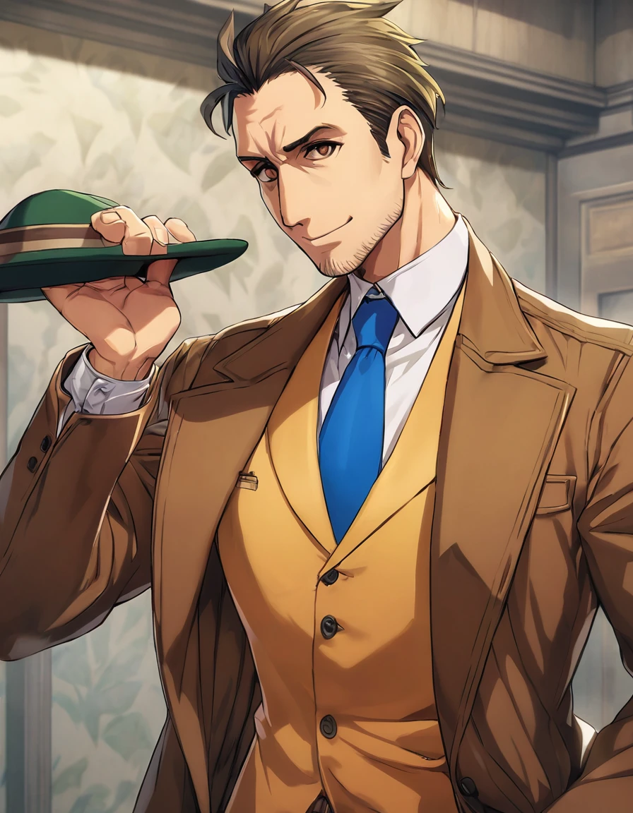 1man, veteran mature detective, muscular, boned nose, wavy slicked back spiked hair, yellow_brown hair, BREAK shihaku, brown eyes, dandy, virile, stubble, square shaped, large eyes, ugly, rough skin, facial wrinkles, ideal ratio body proportions, ordinaly, cute uncle, beautiful detailed eyes, broad waist, 40yo dude, languid, BREAK solo, upperbody, white collared shirt, blue necktie, brown trench coat, dark worn-out suit, cute smile, standing, in detective agency, detailed background, BREAK dandy posing, dramatic expression, oil colored, in capcom art style, in old eroge style, 2000s, masterpiece, best quality