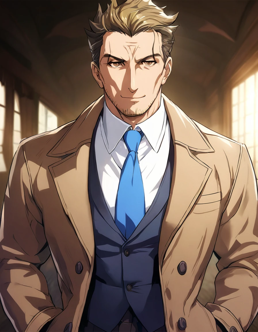 1man, veteran mature detective, muscular, boned nose, wavy slicked back spiked hair, yellow_brown hair, BREAK shihaku, brown eyes, dandy, virile, stubble, square shaped, large eyes, ugly, rough skin, facial wrinkles, ideal ratio body proportions, ordinaly, cute uncle, beautiful detailed eyes, broad waist, 40yo dude, languid, BREAK solo, upperbody, white collared shirt, blue necktie, brown trench coat, dark worn-out suit, cute smile, standing, in detective agency, detailed background, BREAK dandy posing, dramatic expression, oil colored, in capcom art style, in old eroge style, 2000s, masterpiece, best quality
