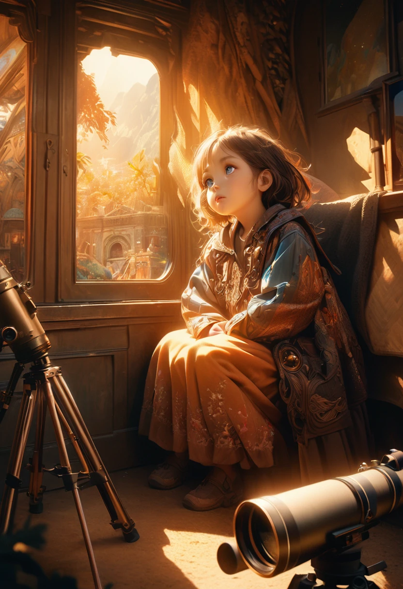 a 6 year old girl sitting near her window with a telescope, looking up at the glowing and extra bright star, detailed face and eyes, beautiful eyelashes, detailed clothing, intricate background, warm lighting, vibrant colors, cinematic composition, award winning photography, 8k, hyper realistic, concept art style