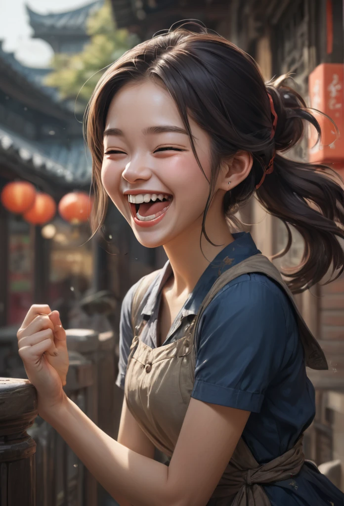 1girl, Laughing, by Lee Jae, intricate, (best quality, masterpiece, Representative work, official art, Professional, unity 8k wallpaper:1.3)