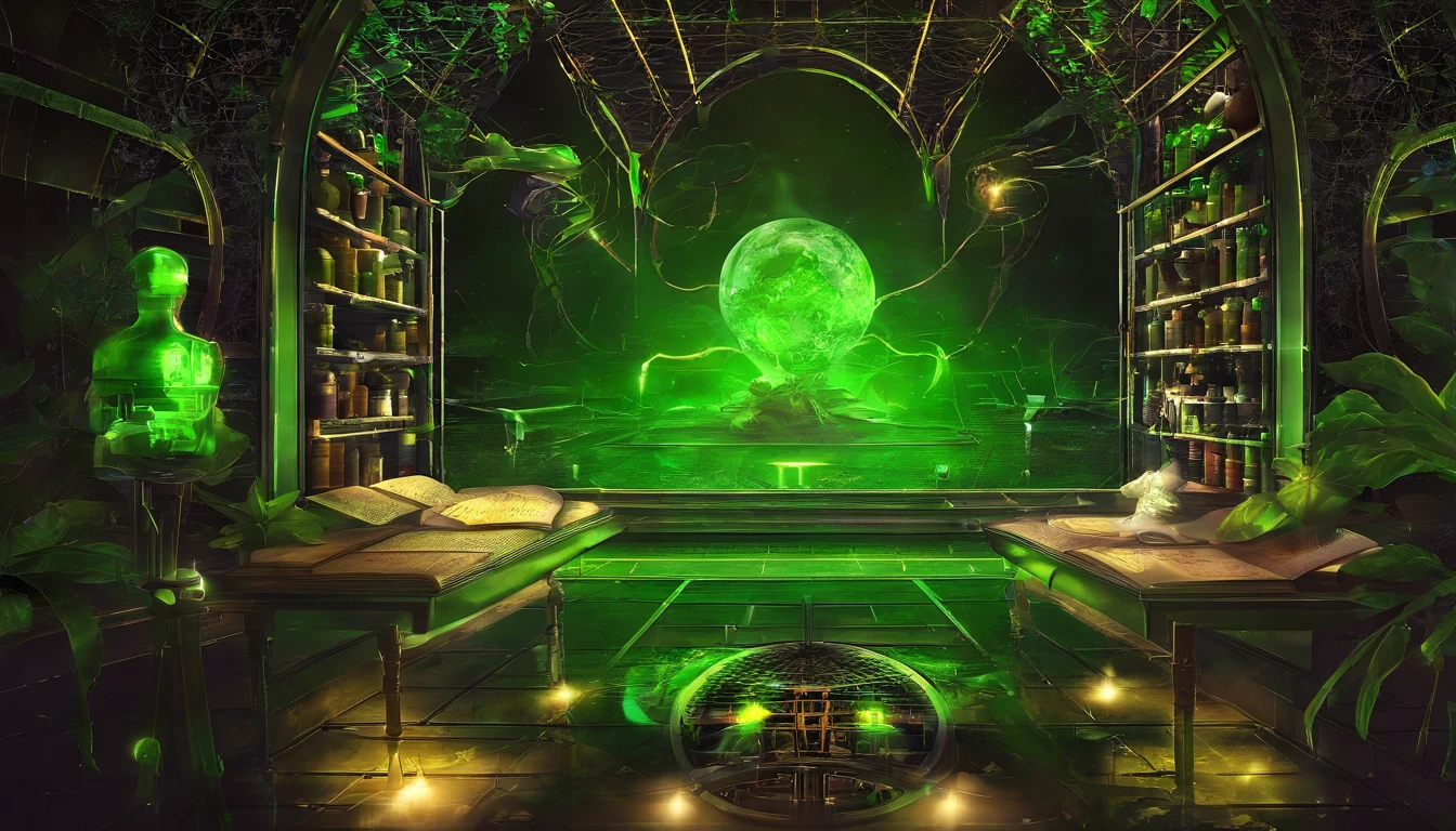 Create a sorcerer's alchemical laboratory illustration of royal green, where flasks and beakers bubble with enchanting green brews. The moonlight filters through a lattice window, illuminating a spell book open to a page of ancient runes, with creeping vines and flowers framing the dark scene. —v 6.0 —ar 2:3 —s 750
