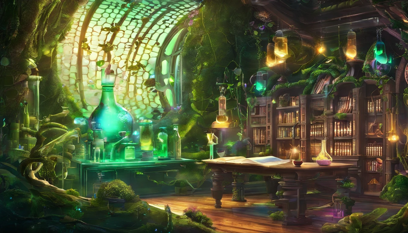 Create a sorcerer's alchemical laboratory illustration of royal green, where flasks and beakers bubble with enchanting green brews. The moonlight filters through a lattice window, illuminating a spell book open to a page of ancient runes, with creeping vines and flowers framing the dark scene. —v 6.0 —ar 2:3 —s 750