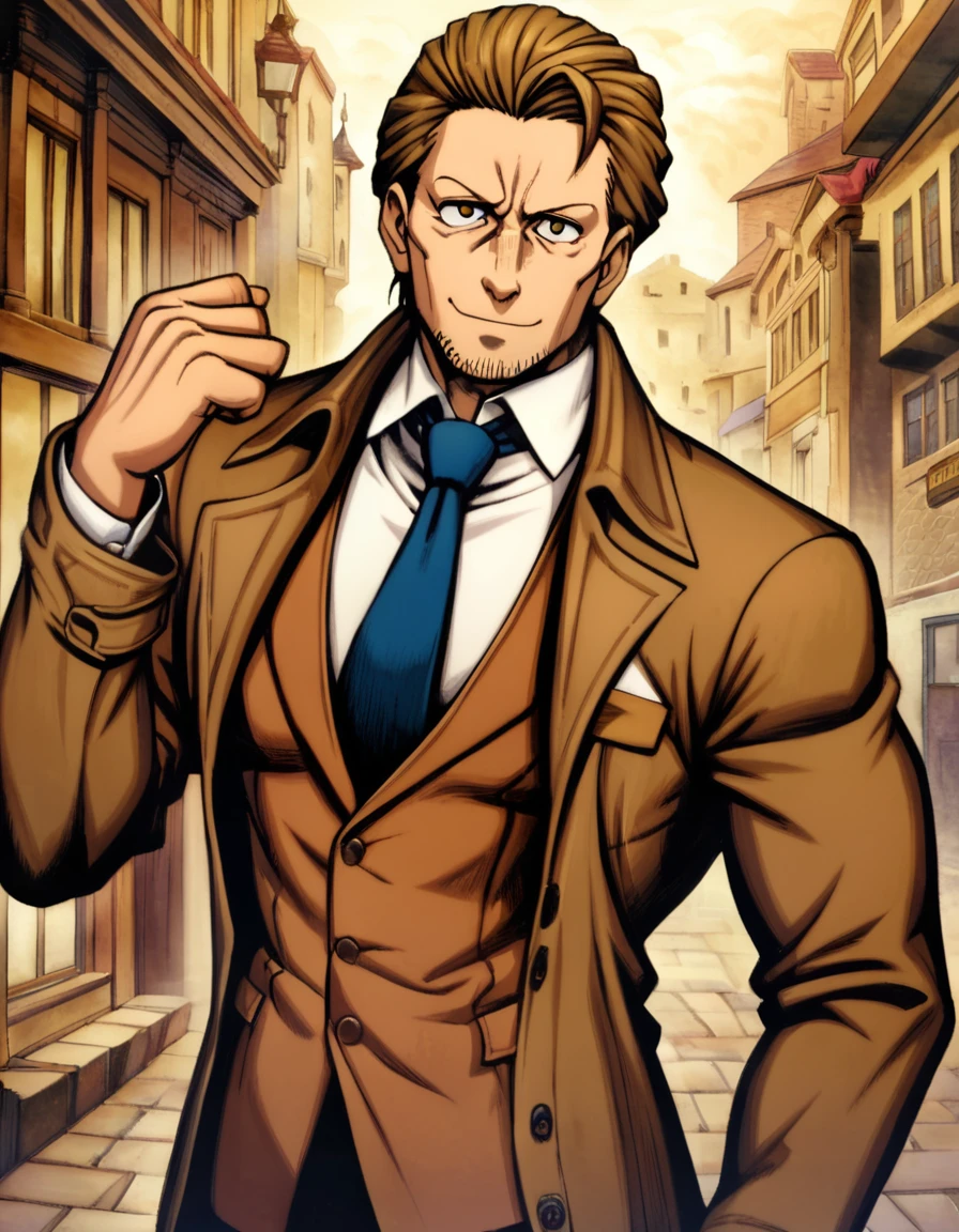 1man, veteran mature detective, muscular, boned nose, wavy slicked back spiked hair, yellow_brown hair, BREAK shihaku, brown eyes, dandy, virile, stubble, square shaped, large eyes, ugly, rough skin, facial wrinkles, ideal ratio body proportions, ordinaly, cute uncle, beautiful detailed eyes, broad waist, 40yo dude, languid, BREAK solo, upperbody, white collared shirt, blue necktie, brown trench coat, dark worn-out suit, cute smile, standing, in detective agency, detailed background, BREAK dandy posing, dramatic expression, oil colored, in capcom art style, in old eroge style, 2000s, masterpiece, best quality