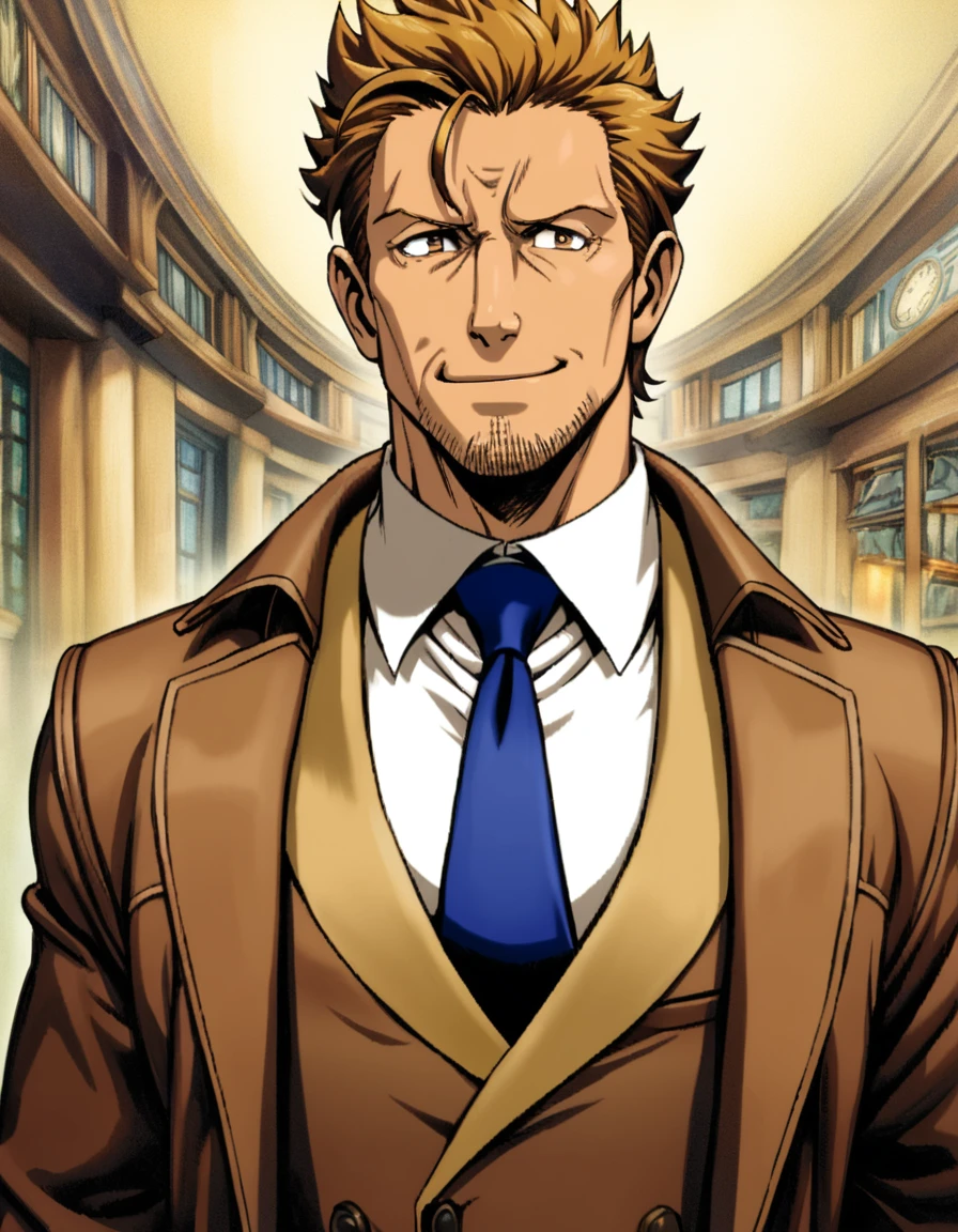 1man, veteran mature detective, muscular, boned nose, wavy slicked back spiked hair, yellow_brown hair, BREAK shihaku, brown eyes, dandy, virile, stubble, square shaped, large eyes, ugly, rough skin, facial wrinkles, ideal ratio body proportions, ordinaly, cute uncle, beautiful detailed eyes, broad waist, 40yo dude, languid, BREAK solo, upperbody, white collared shirt, blue necktie, brown trench coat, dark worn-out suit, cute smile, standing, in detective agency, detailed background, BREAK dandy posing, dramatic expression, oil colored, in capcom art style, in old eroge style, 2000s, masterpiece, best quality