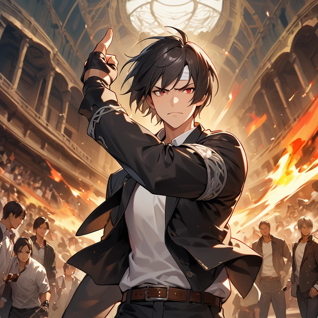 masterpiece, 2 people,ツーshot,Highest quality,8k, complete hand depiction, Action pose, Battle Scenes:1.5,(kusanagi kyo)、Man has black skin、Red eyes、2 peopleきり、((White headband))ツーshot、Black jacket(Roll up your sleeves)、Fingerless gloves、Black Hair、White T-shirt、Black trousers、White shoes、Brown belt、((kusanagi Fight a woman with the same clothes and hairstyle as Kyo))boyish、good looking、shot、Charming、masterpiece、High resolution、Detailed face、Fine grain、morning、A confident smile、Man and woman fighting with the Arles Amphitheatre in the background、Men and women have the same hairstyle and clothing、 Angry expression,:1.5 Attack Speed, Rapid Attack, Angry expression, Angry face