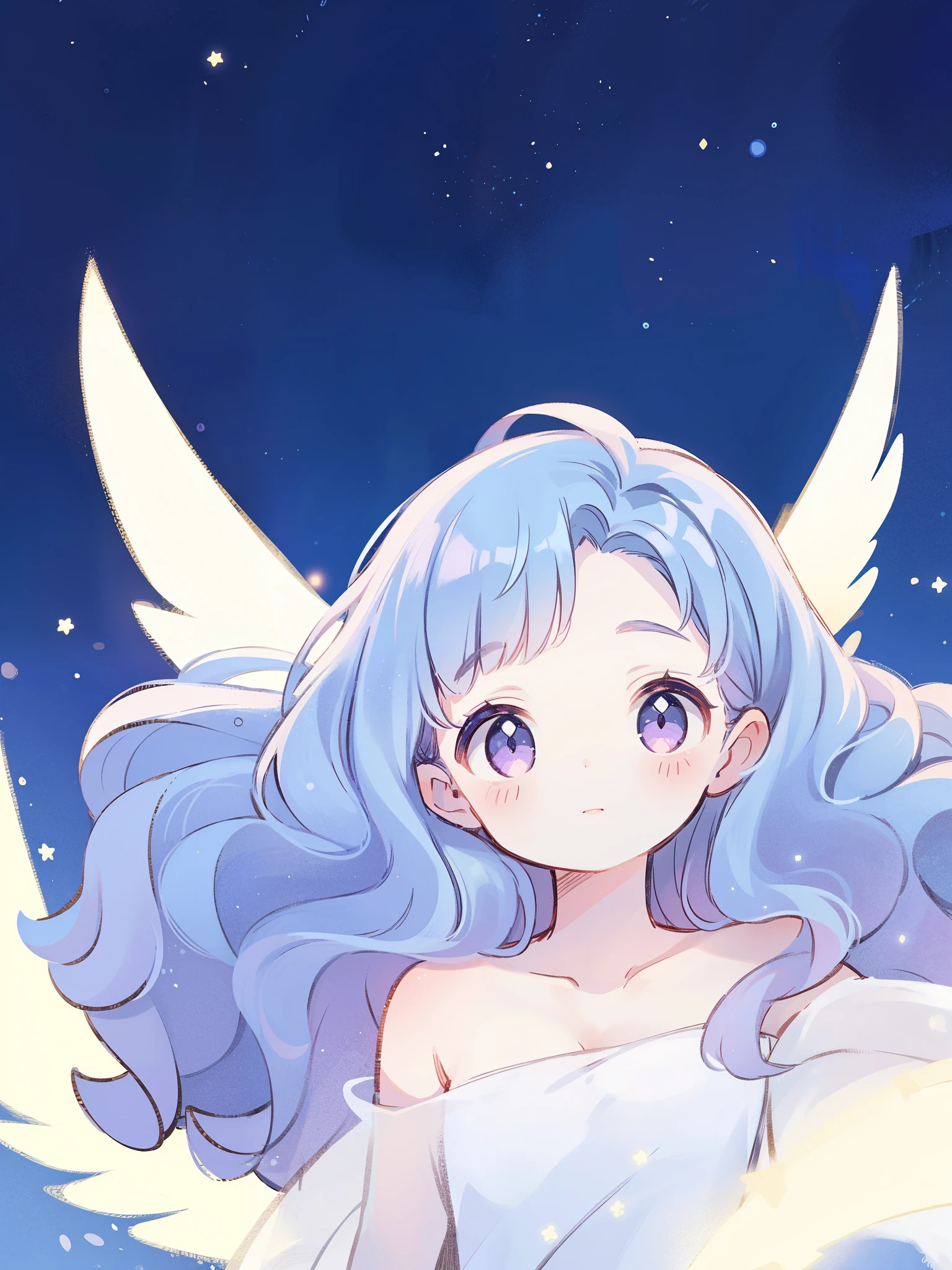 nude angel girl wearing an ethereal translucent dress, pale skin, ((wavy gradient blue purple hair)), white feathers, angel wings, sparkling detailed eyes, golden ratio face, perfect composition, highly detailed, ethereal, (starry night sky background), midjourney style