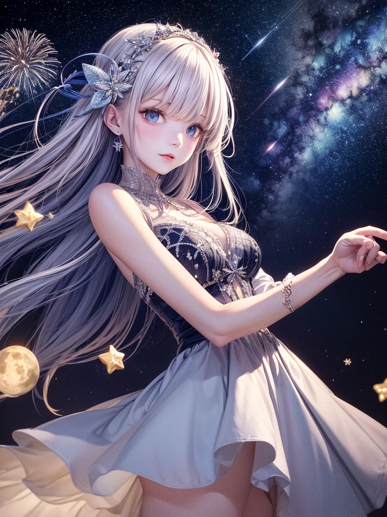 a beautiful girl: glow hair, blue eyes (0.9), dress with super beautiful crystals, ,bandages,breasts,city lights,constellation,crescent moon,earth \(planet\),fireworks,full moon,galaxy,light particles,long hair,milky way,moon,moonlight,night,night sky,planet,shooting star,sky,snowing,solo,space,sparkle,star \(sky\),star \(symbol\),starry background,starry sky,starry sky print,