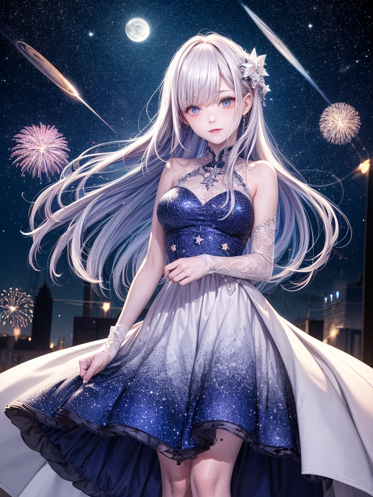 a beautiful girl: glow hair, blue eyes (0.9), dress with super beautiful crystals, ,bandages,breasts,city lights,constellation,crescent moon,earth \(planet\),fireworks,full moon,galaxy,light particles,long hair,milky way,moon,moonlight,night,night sky,planet,shooting star,sky,snowing,solo,space,sparkle,star \(sky\),star \(symbol\),starry background,starry sky,starry sky print,